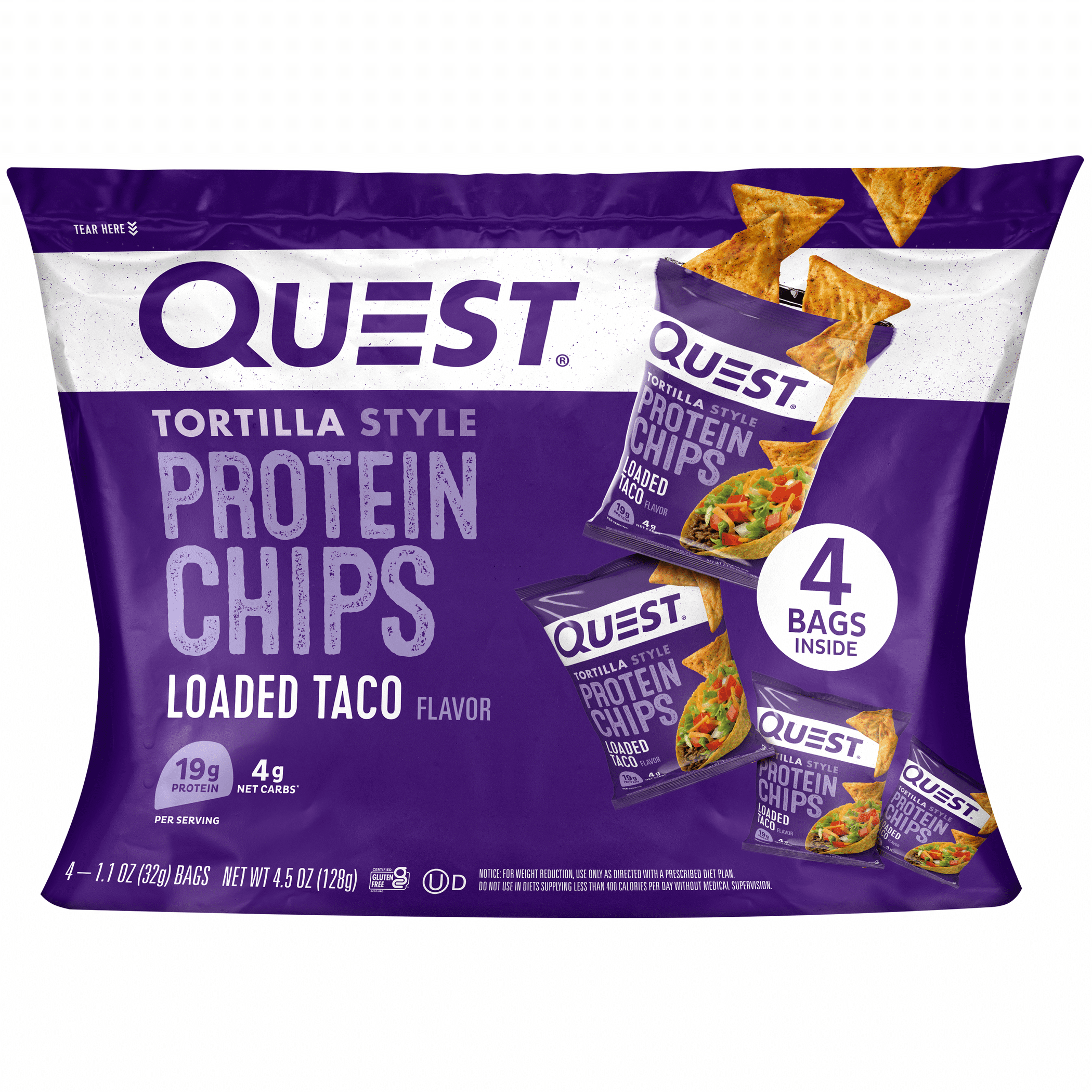 Quest Nutrition Tortilla Style Protein Chips Low Carb High Protein Loaded Taco 4.5 oz 4 Ct