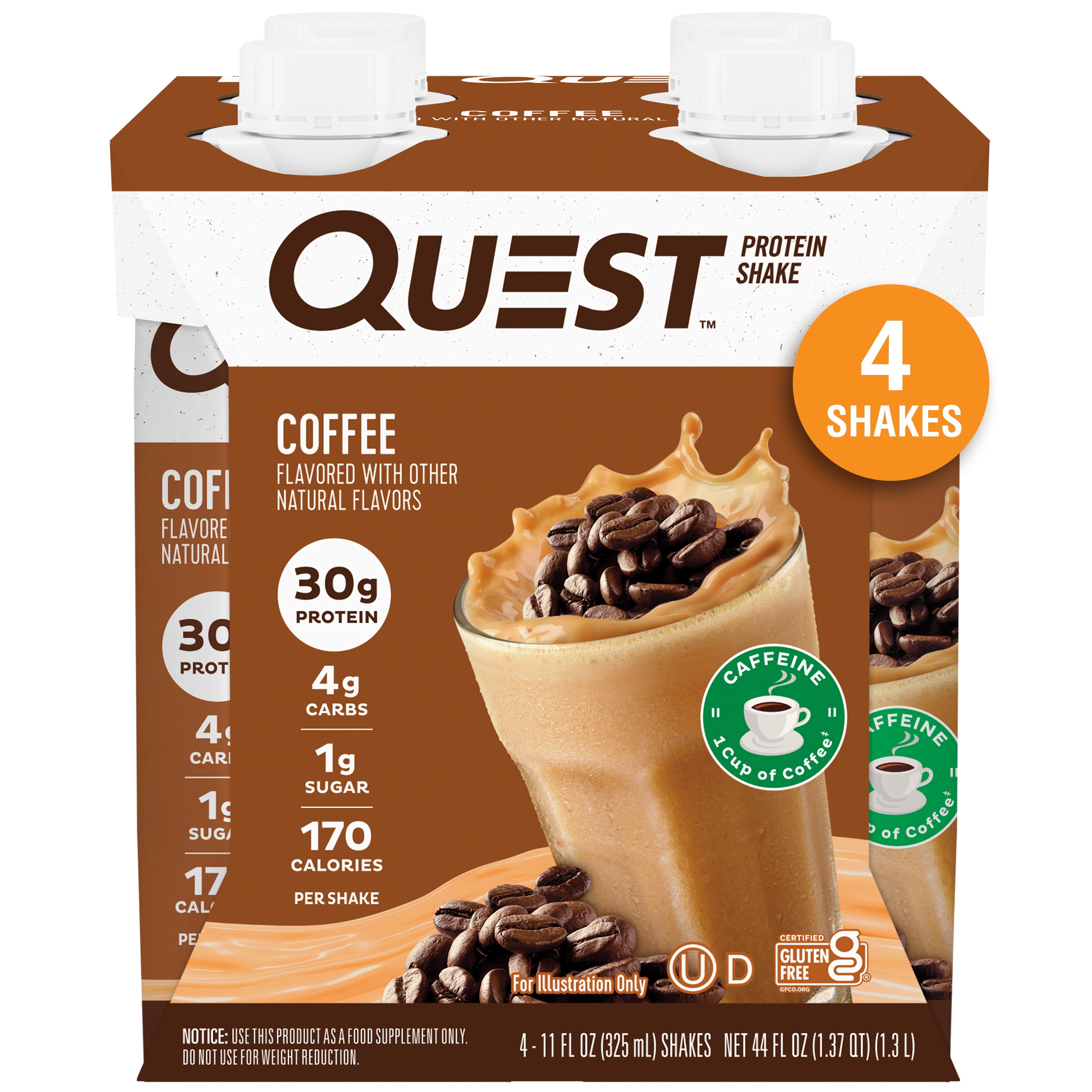 Quest Protein Shake Gluten Free 30g Protein Coffee Flavor 11fl oz 4 Count