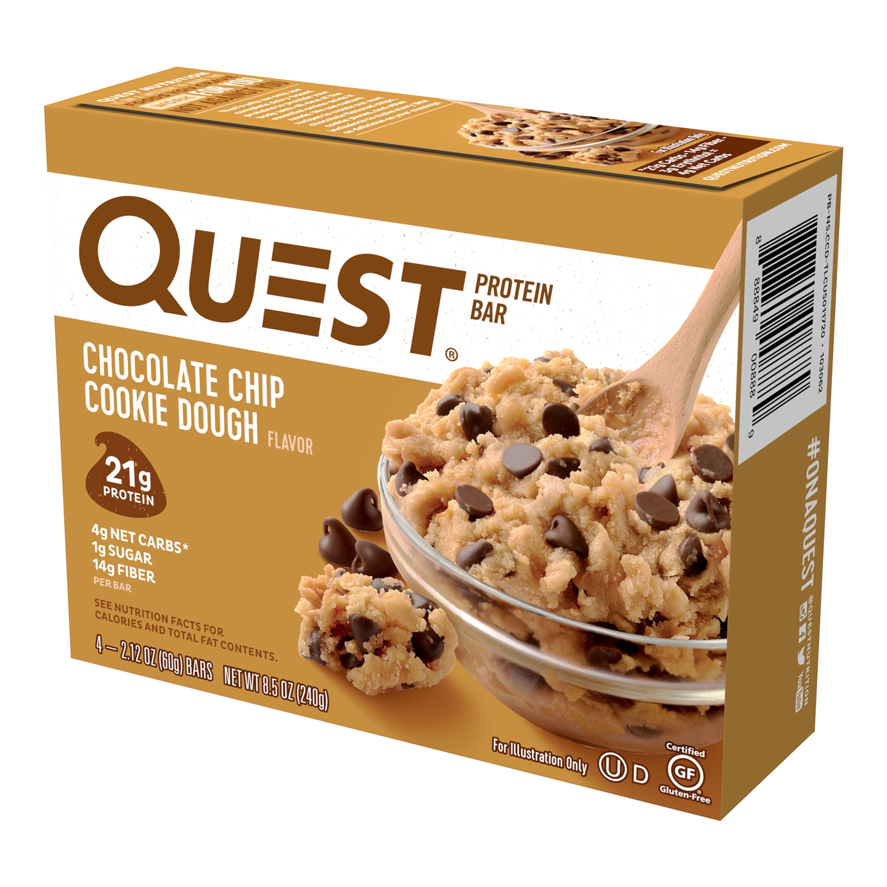 Quest Protein Bar Chocolate Chip Cookie Dough 21g Protein Gluten Free 4 Pack