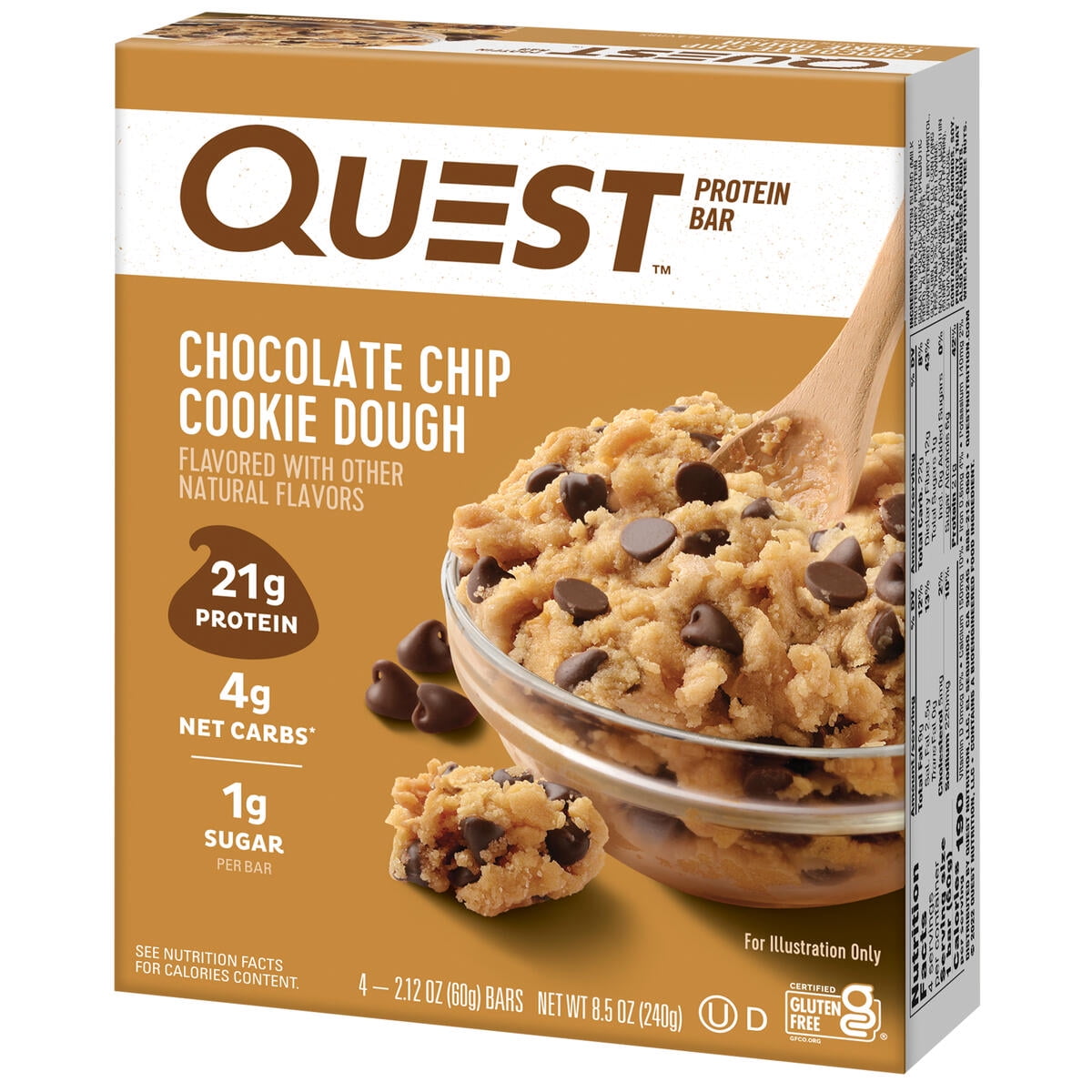 Quest Protein Bar Chocolate Chip Cookie Dough 21g Protein Gluten Free 4 Pack