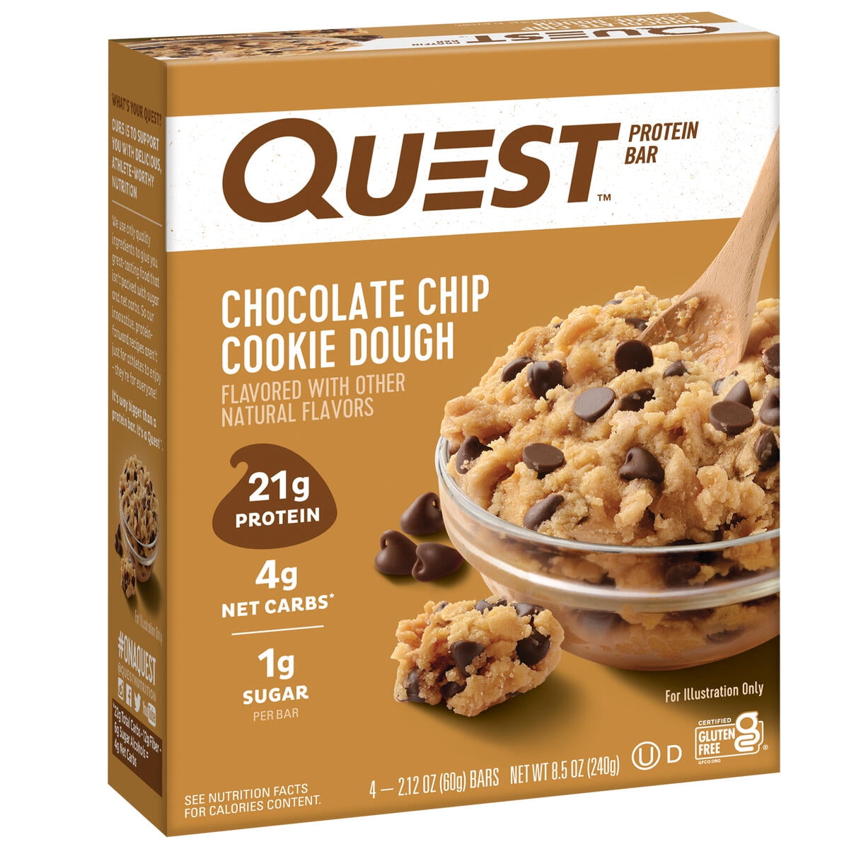 Quest Protein Bar Chocolate Chip Cookie Dough 21g Protein Gluten Free 4 Pack