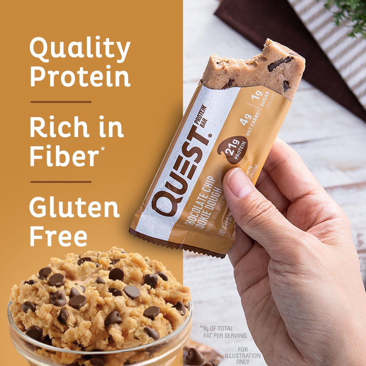 Quest Protein Bar Chocolate Chip Cookie Dough 21g Protein Gluten Free 4 Pack