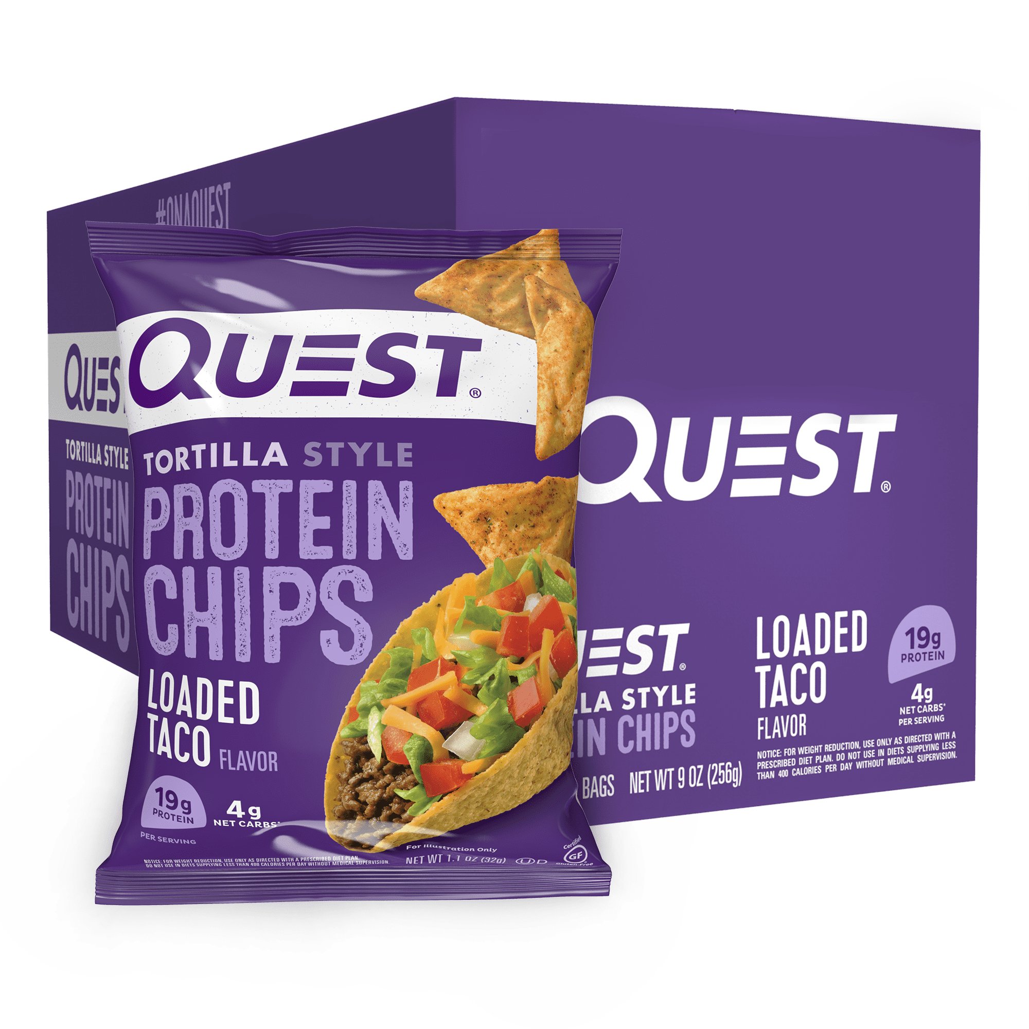 Quest Tortilla Style Protein Chips Loaded Taco Flavor 19g Protein 1.1 Oz Bags 8 Count