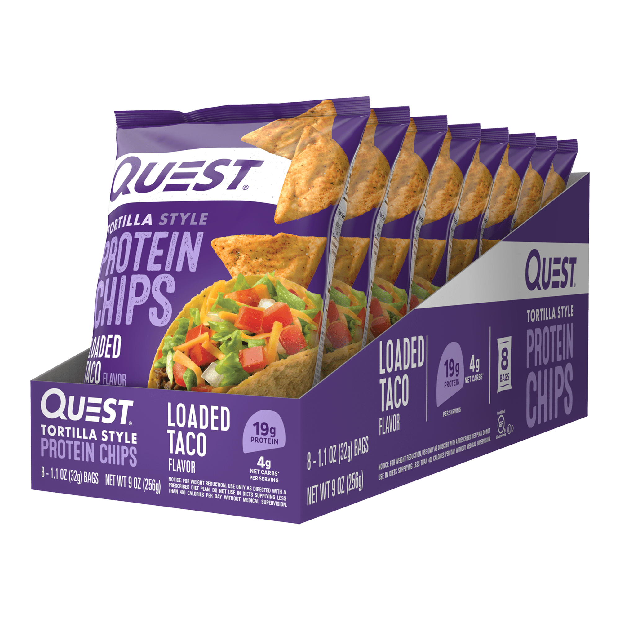 Quest Tortilla Style Protein Chips Loaded Taco Flavor 19g Protein 1.1 Oz Bags 8 Count