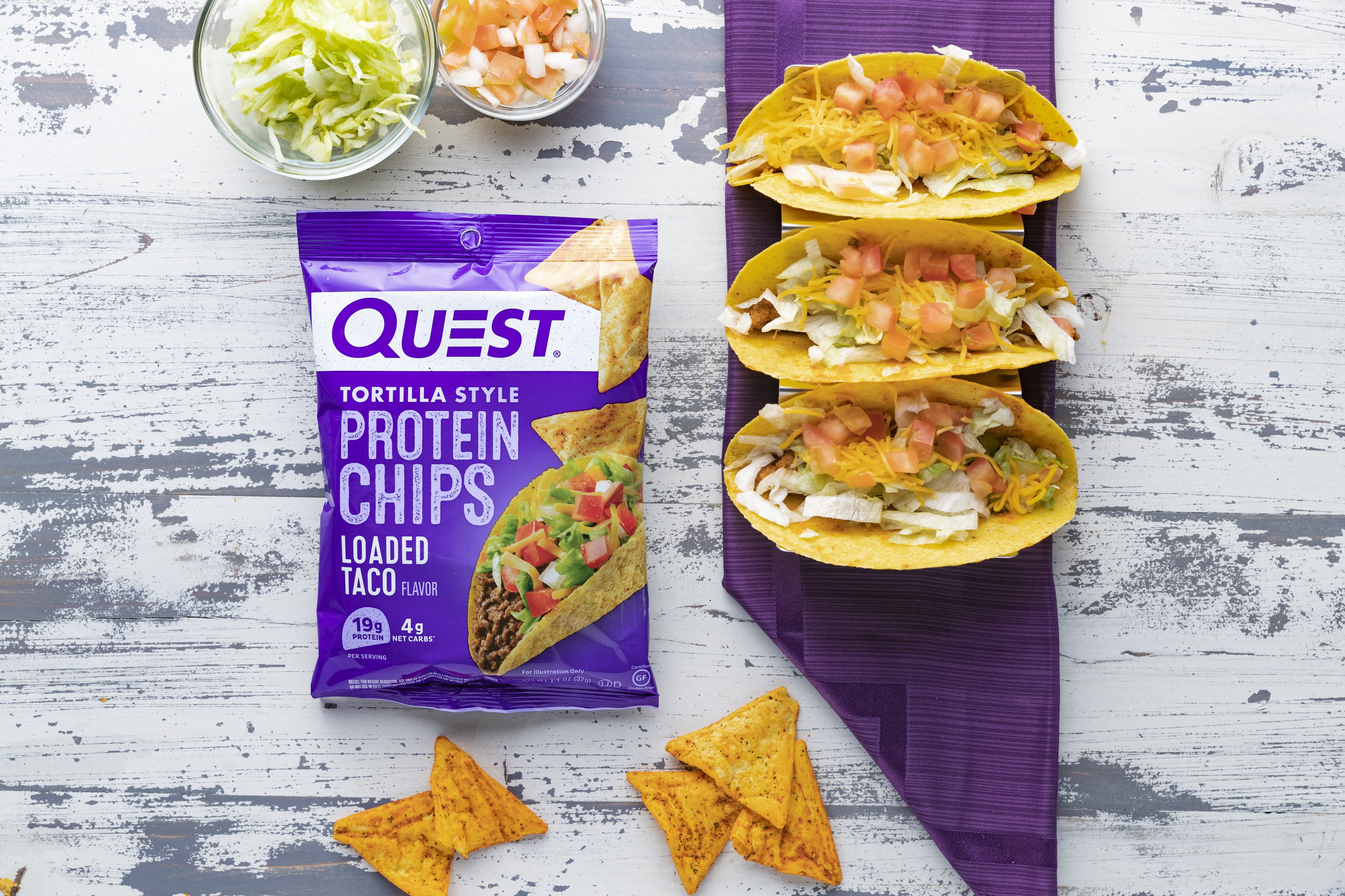 Quest Tortilla Style Protein Chips Loaded Taco Flavor 19g Protein 1.1 Oz Bags 8 Count