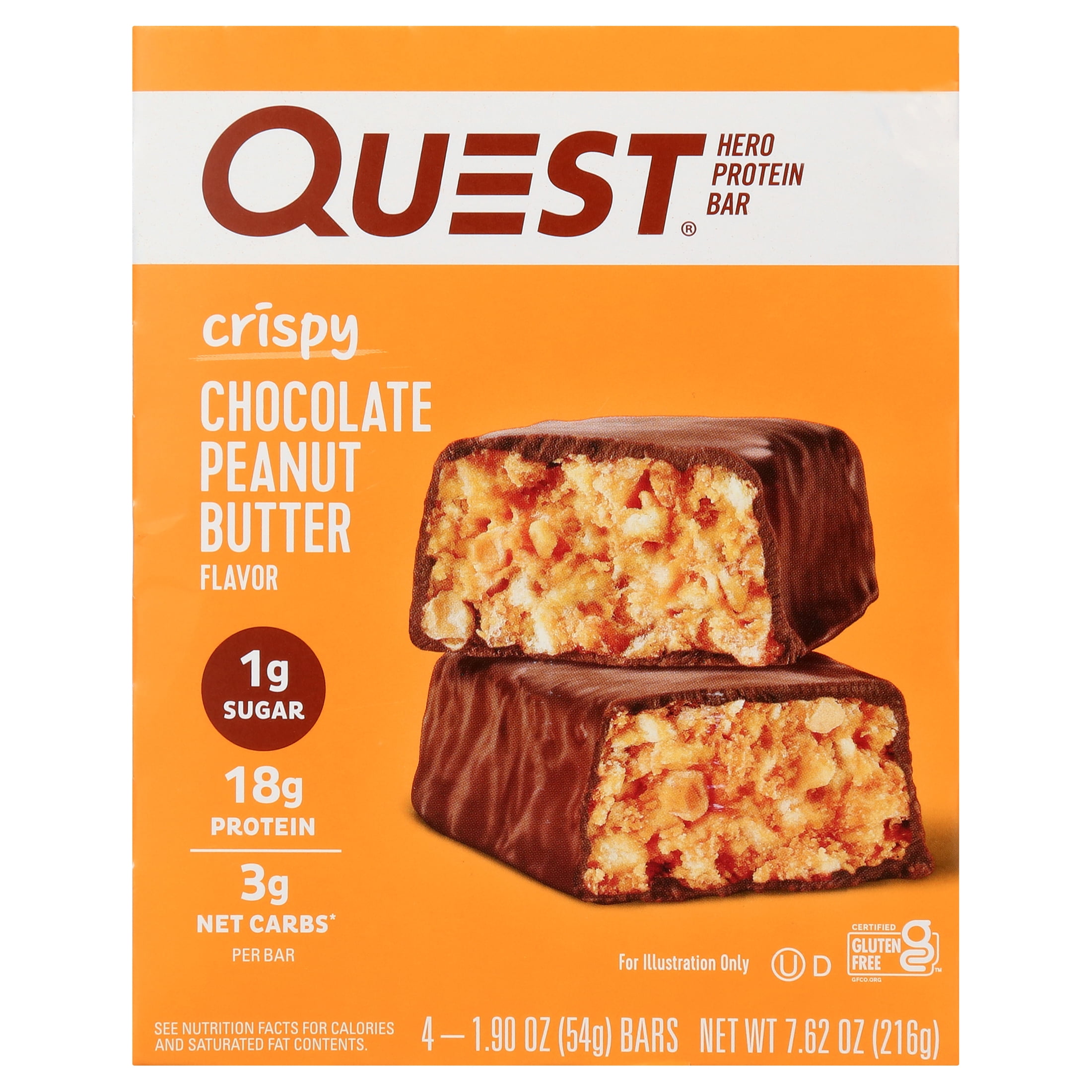 Quest Crispy Protein Bar Chocolate Peanut Butter 18g Protein Gluten Free 4 Count