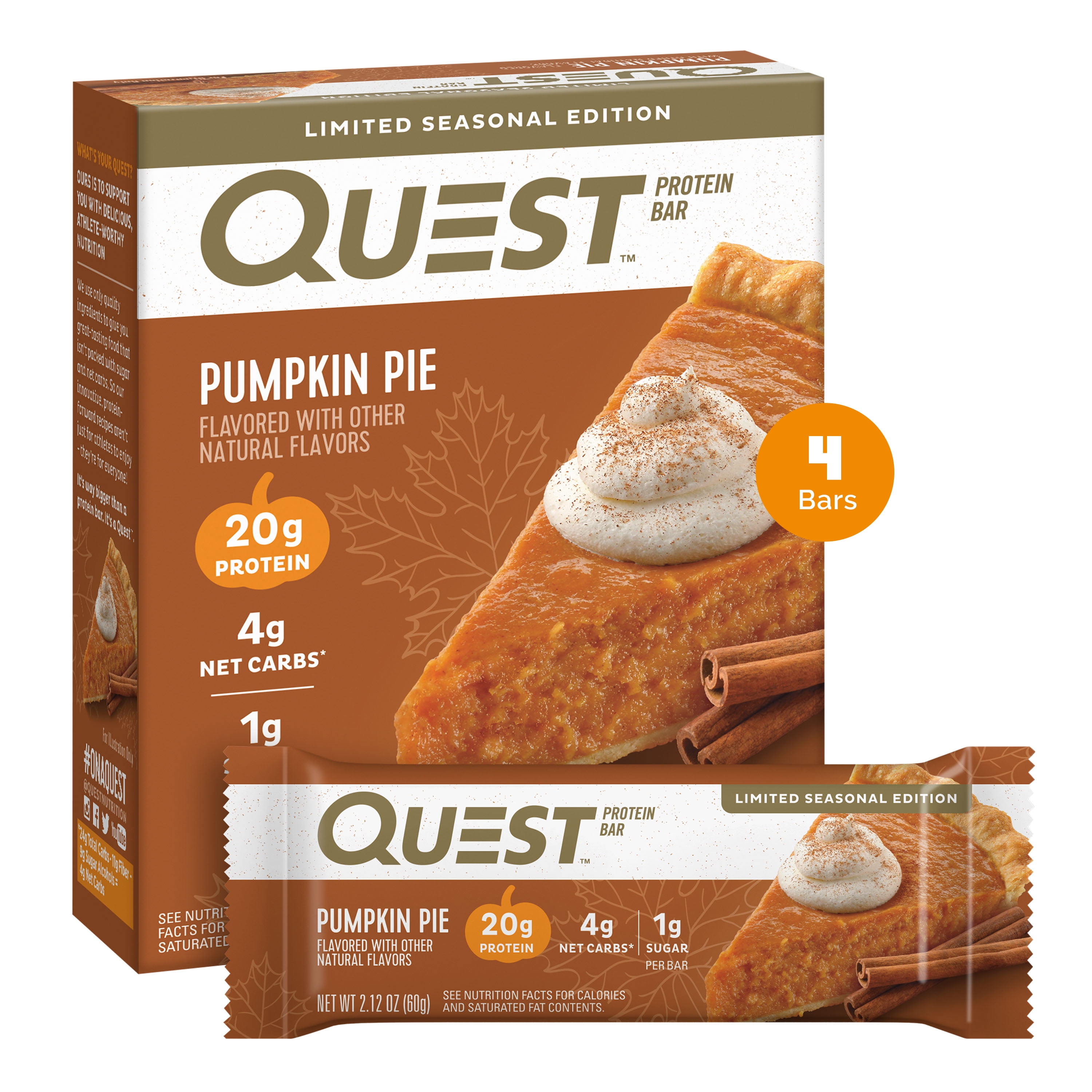 Quest Seasonal Protein Bar High Protein Low Carb Pumpkin Pie 4 Count