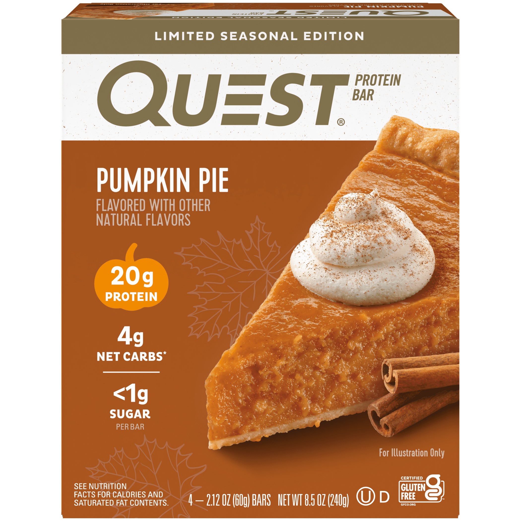 Quest Seasonal Protein Bar High Protein Low Carb Pumpkin Pie 4 Count