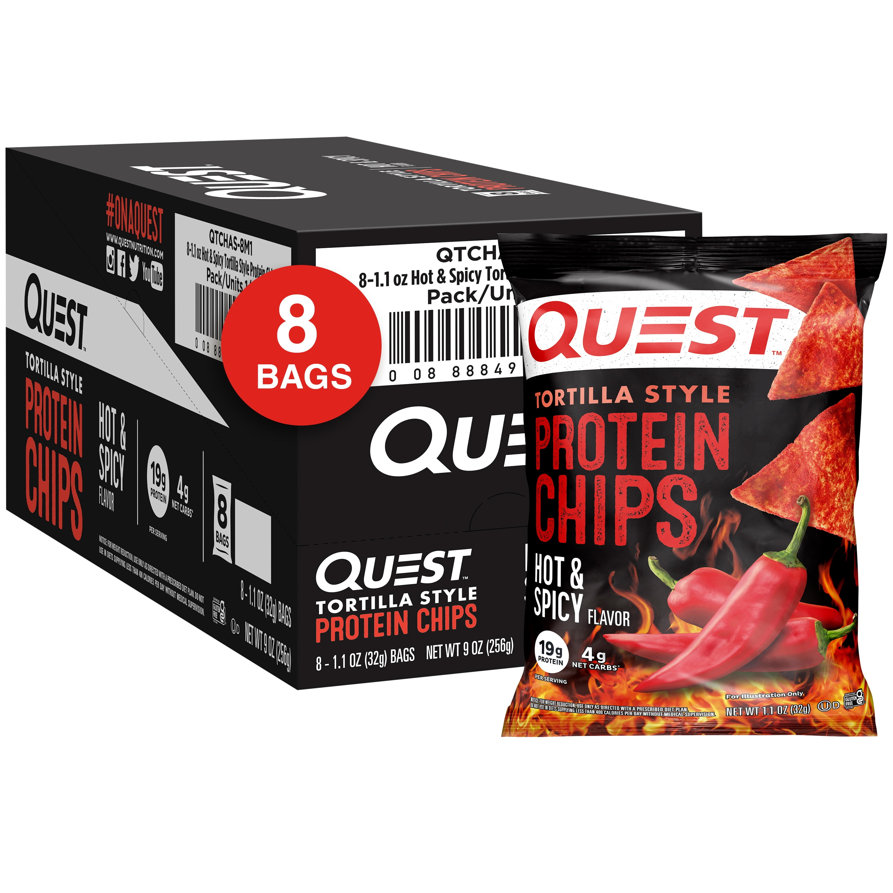 Quest Tortilla Style Protein Chips 19g Protein Hot Spicy Flavor 1.1 Oz Bags 8 Count