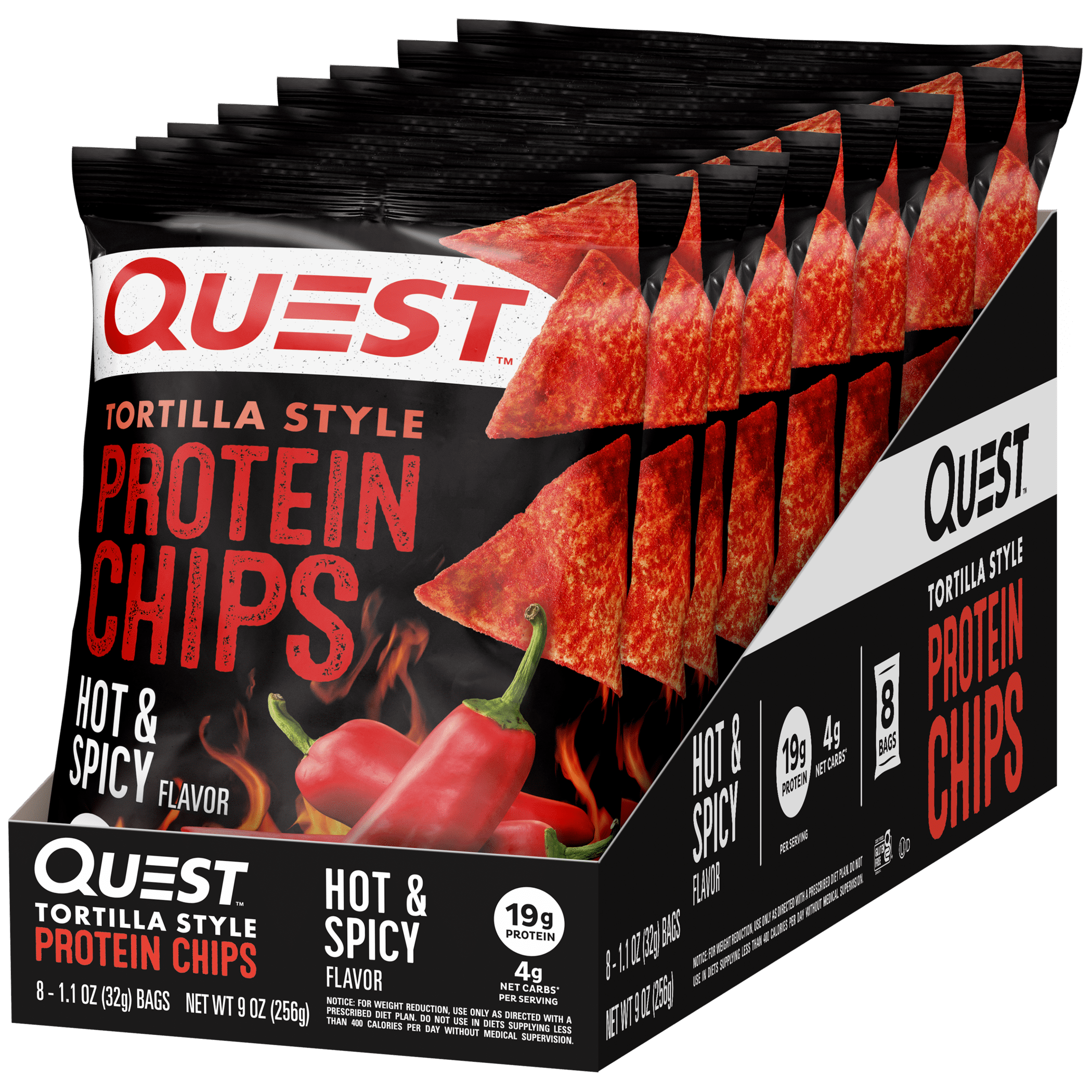 Quest Tortilla Style Protein Chips 19g Protein Hot Spicy Flavor 1.1 Oz Bags 8 Count