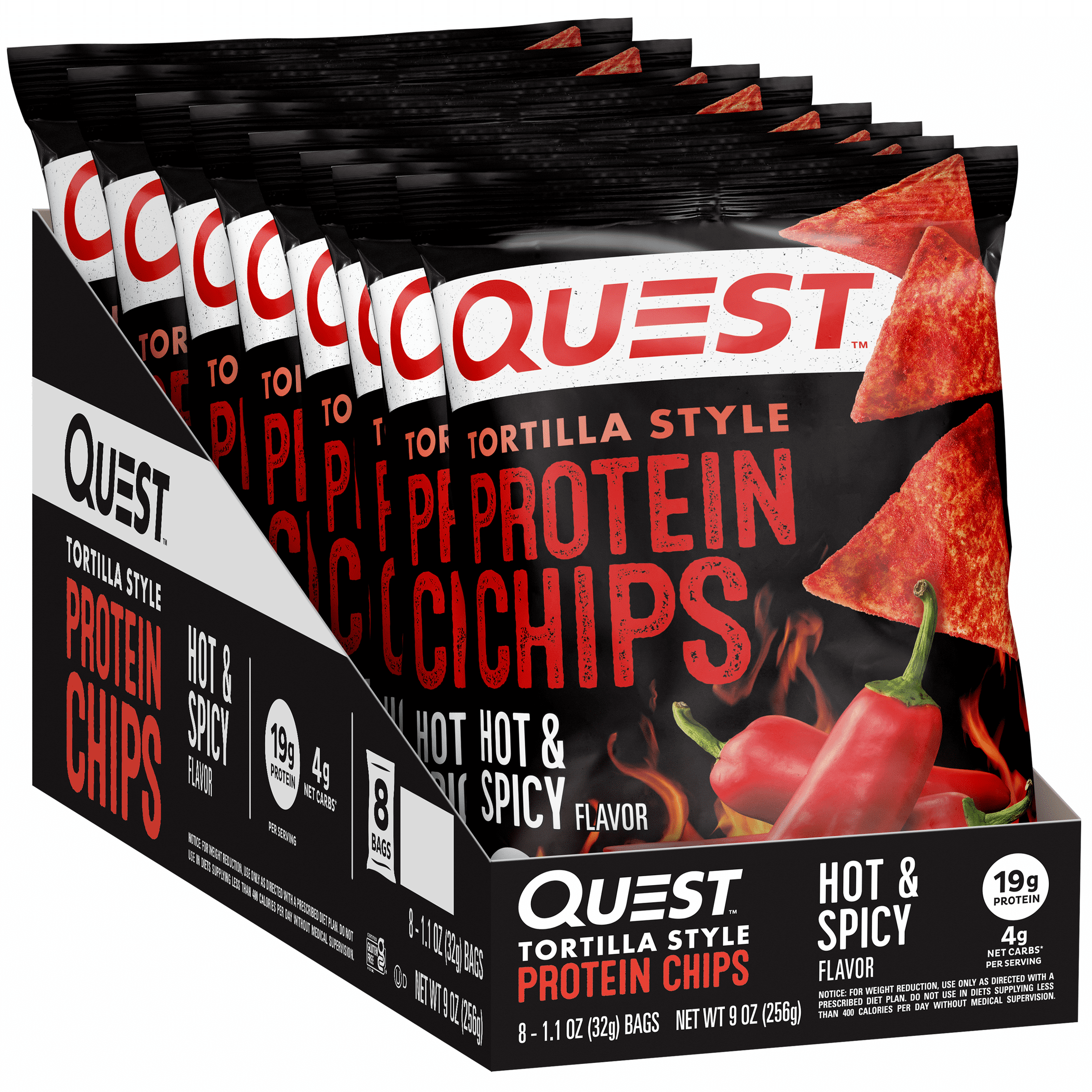 Quest Tortilla Style Protein Chips 19g Protein Hot Spicy Flavor 1.1 Oz Bags 8 Count