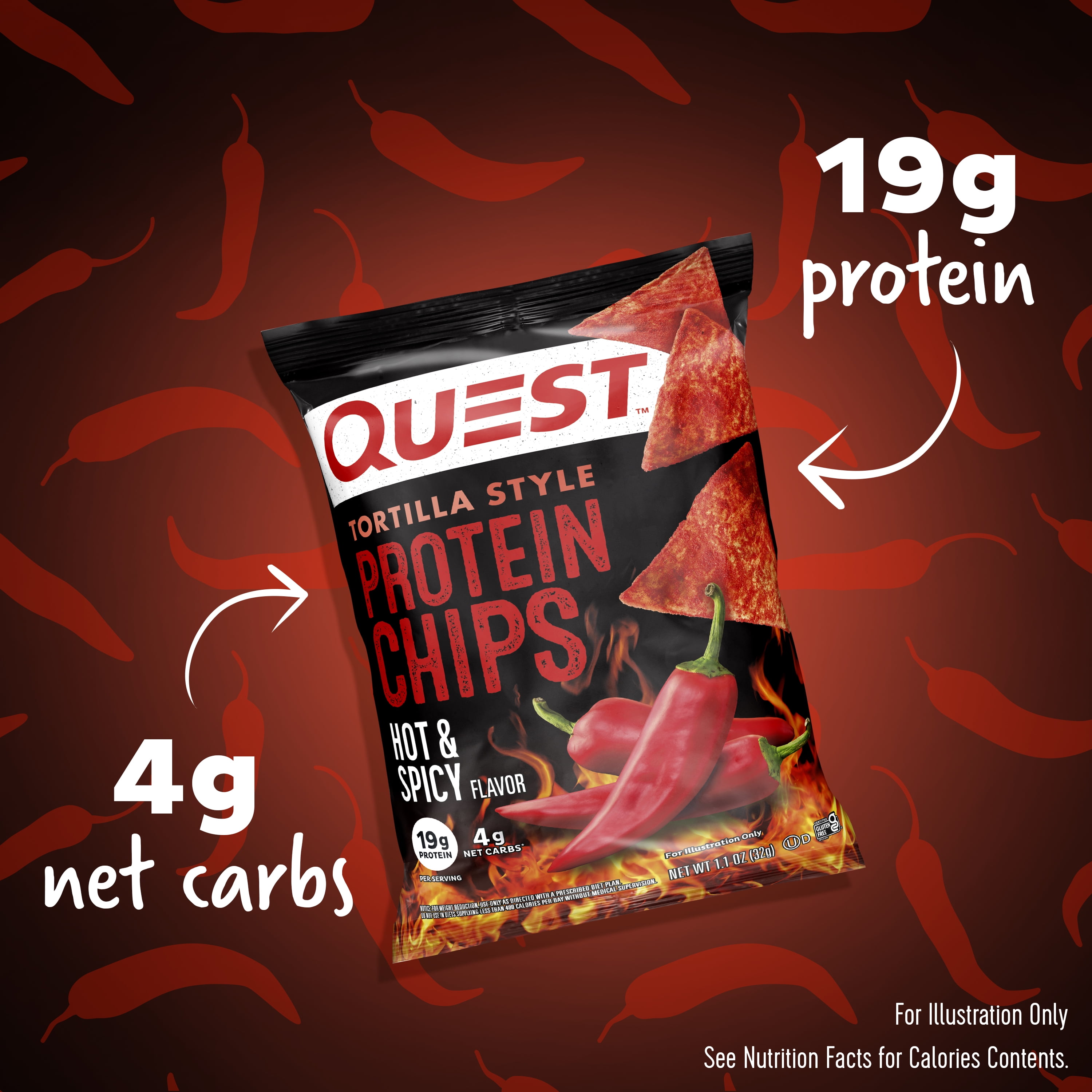 Quest Tortilla Style Protein Chips 19g Protein Hot Spicy Flavor 1.1 Oz Bags 8 Count