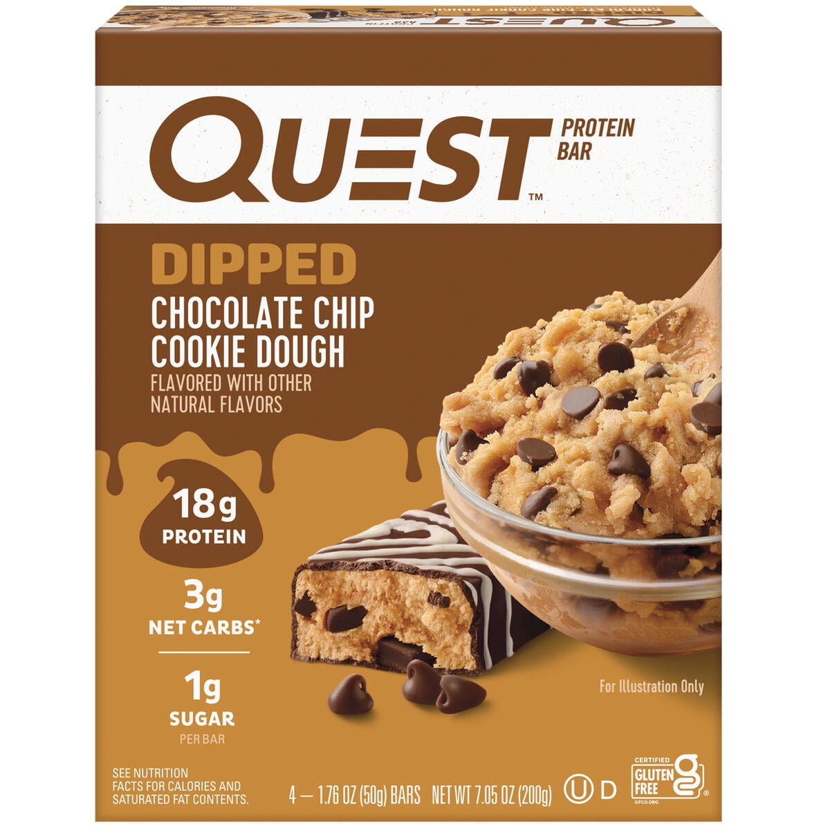 Quest Dipped Protein Bars 18g Protein Gluten Free Chocolate Chip Cookie Dough 4 Count