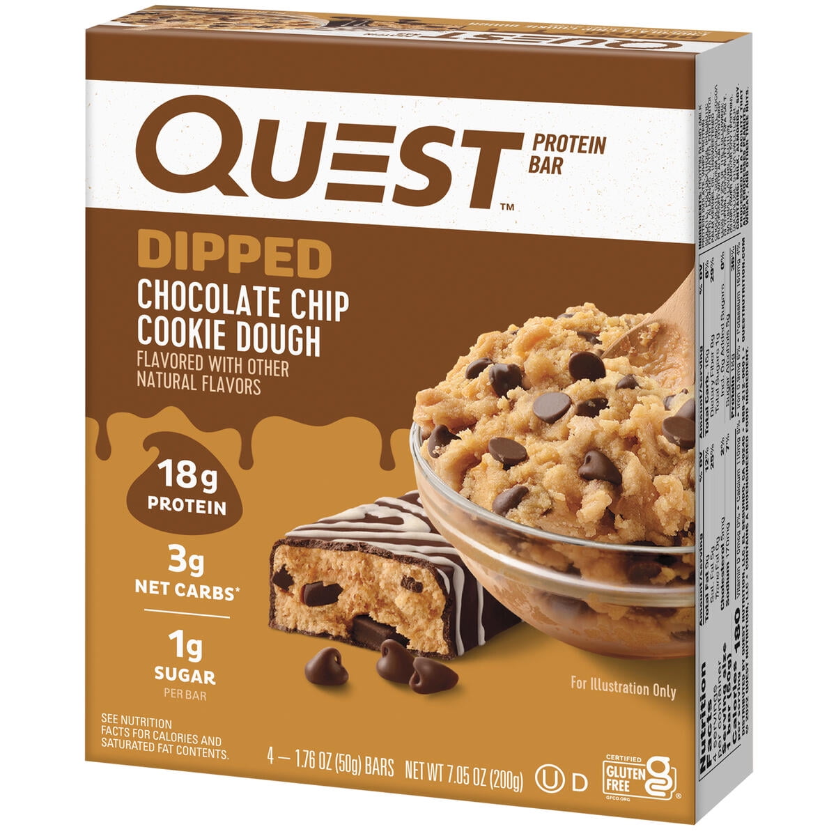 Quest Dipped Protein Bars 18g Protein Gluten Free Chocolate Chip Cookie Dough 4 Count