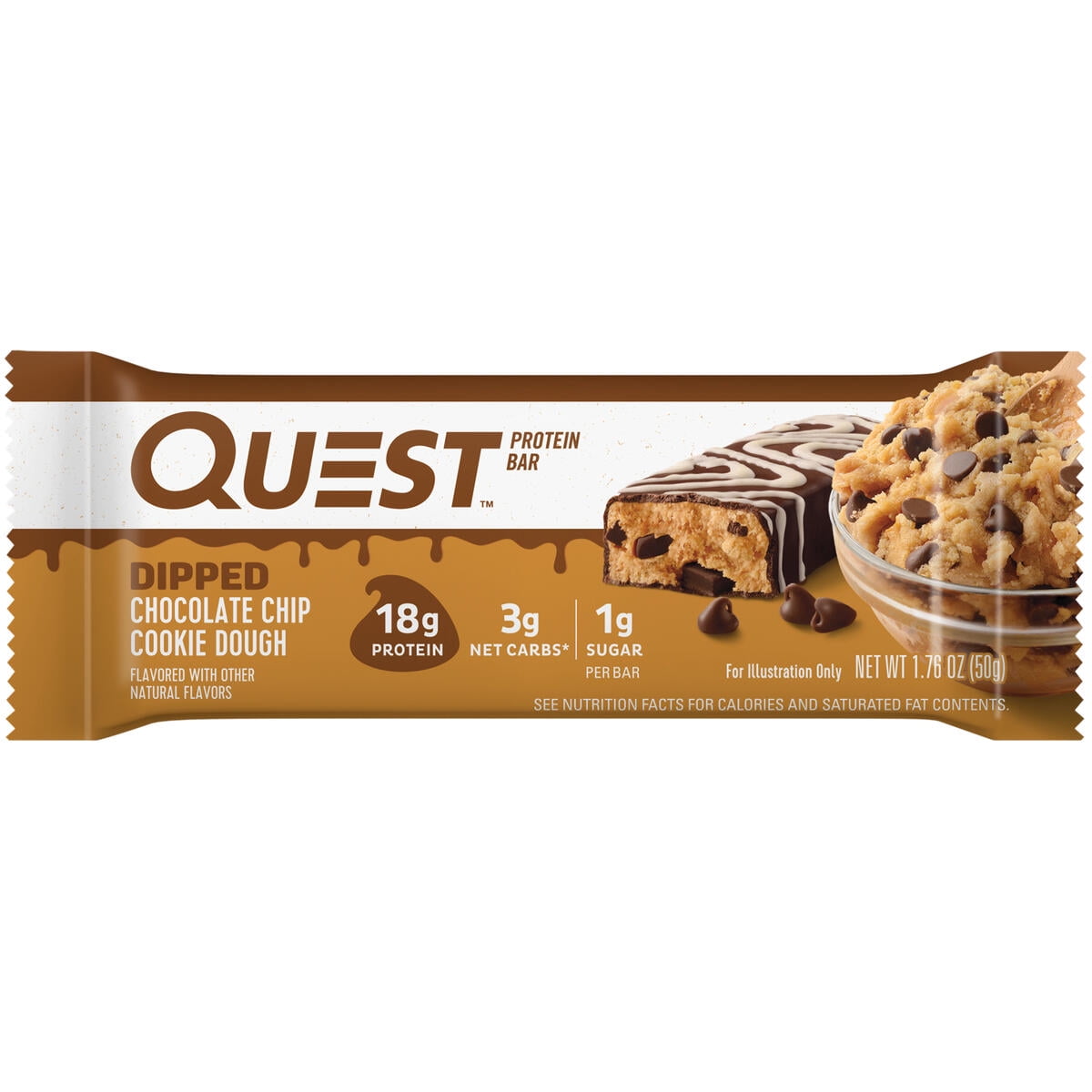 Quest Dipped Protein Bars 18g Protein Gluten Free Chocolate Chip Cookie Dough 4 Count