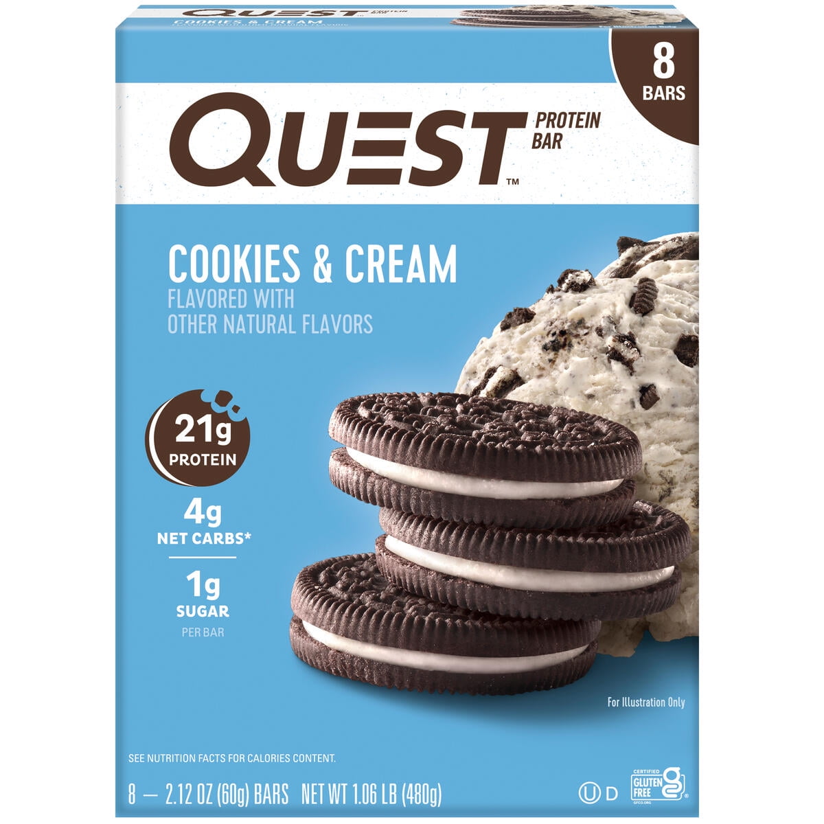 Quest Protein Bar Cookies & Cream High Protein Gluten Free 8 Count Pack