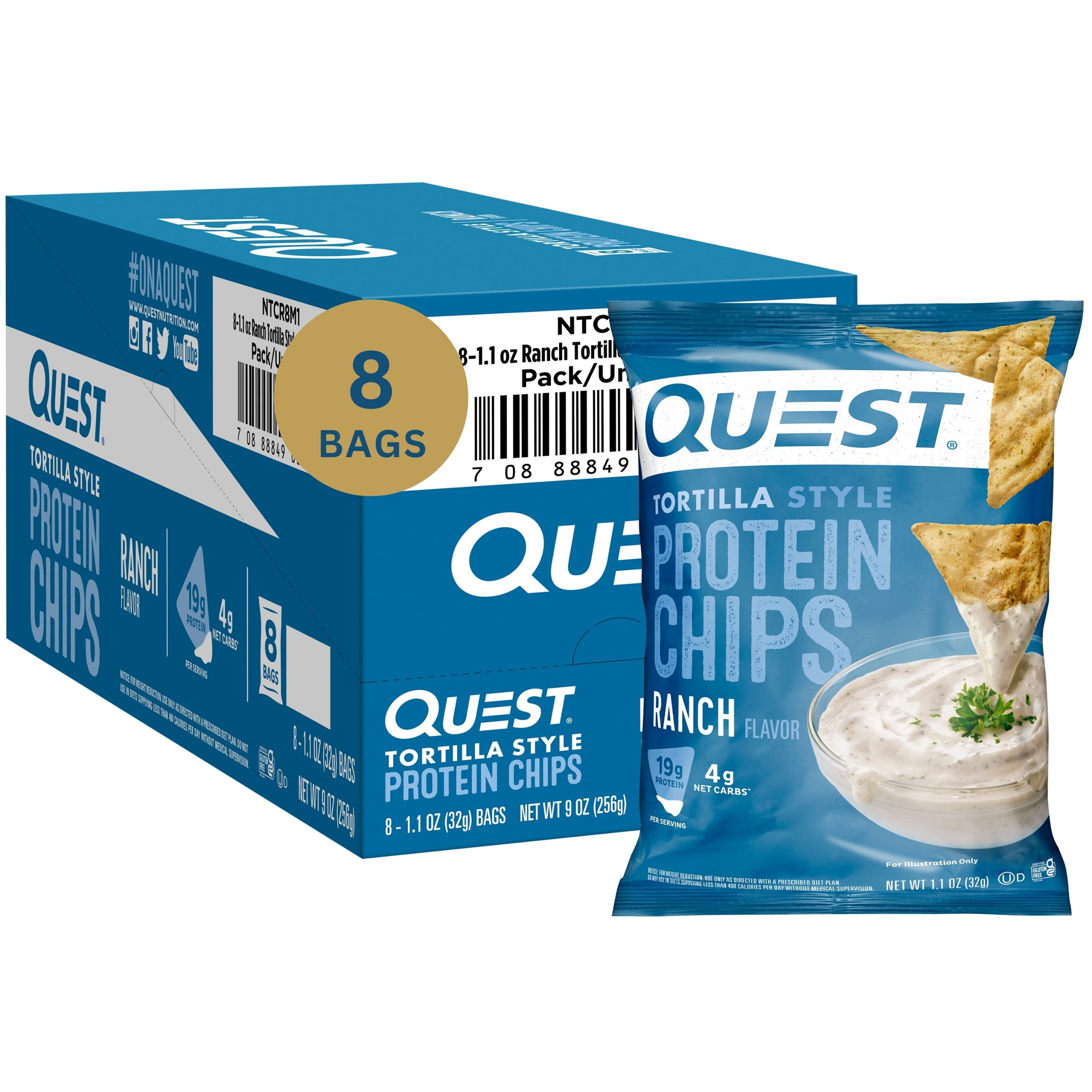 Quest Tortilla Style Protein Chips 19g Protein Ranch Flavor 1.1 Oz Bags 8 Count