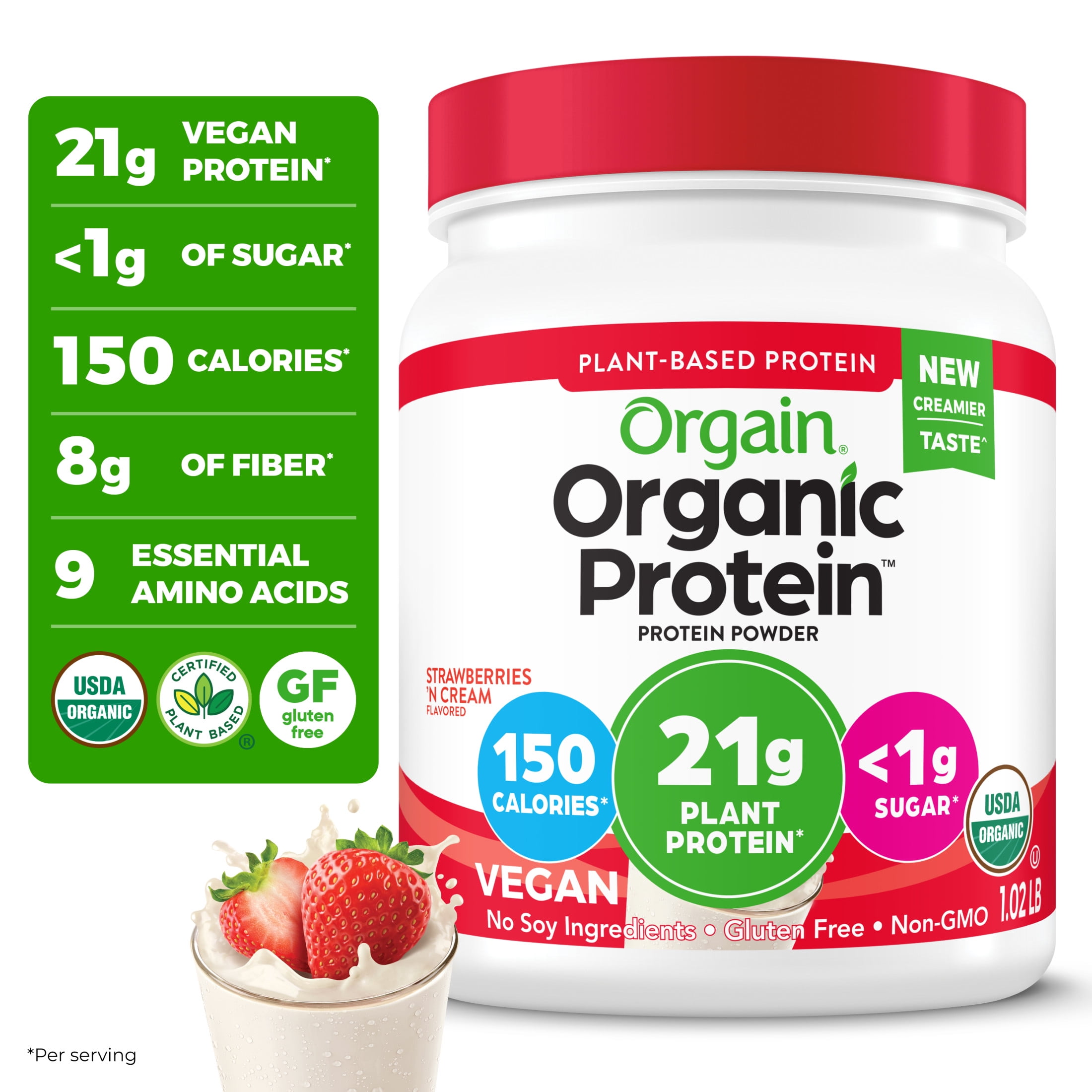 Orgain Organic Vegan 21g Protein Powder Plant Based Shake Strawberries Cream 1.02lb