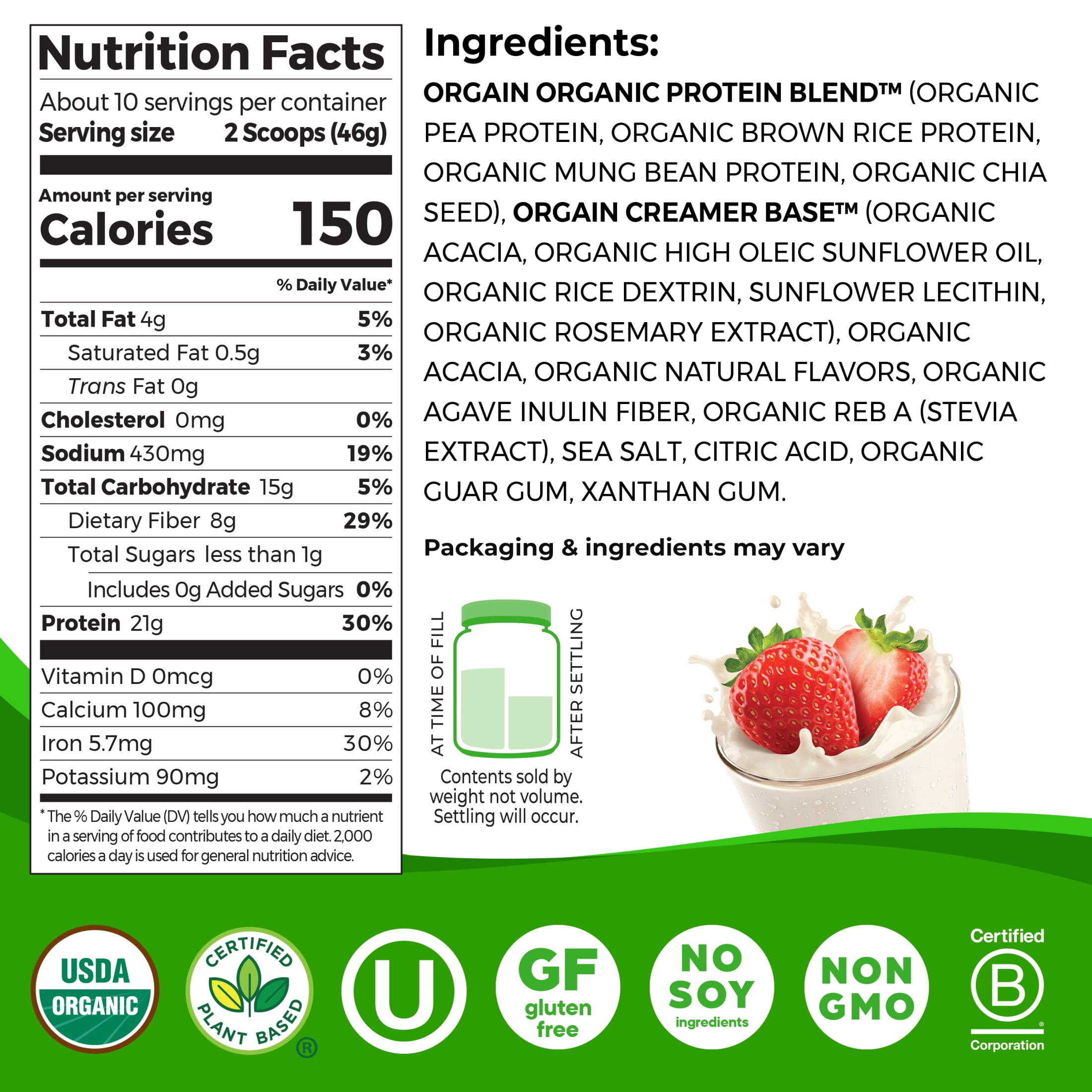 Orgain Organic Vegan 21g Protein Powder Plant Based Shake Strawberries Cream 1.02lb