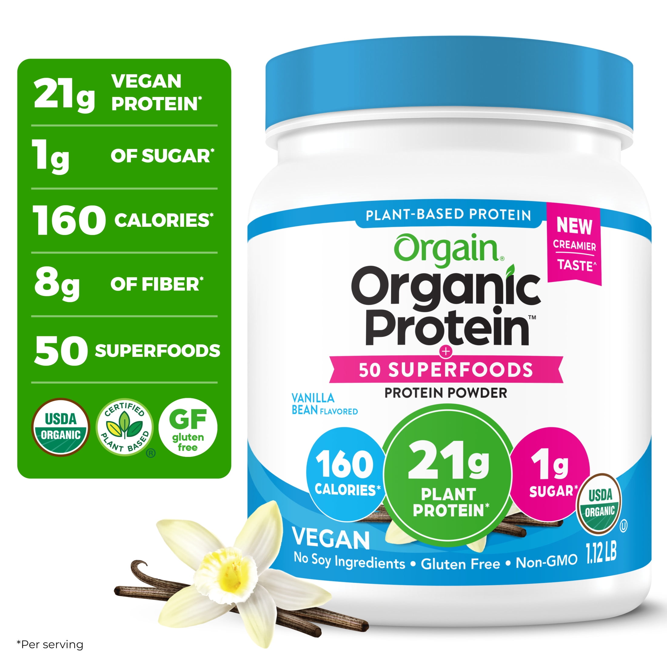 Orgain Organic Vegan 21g Protein 50 Superfoods Plant Based Shake Drink Vanilla Bean 1.12lb