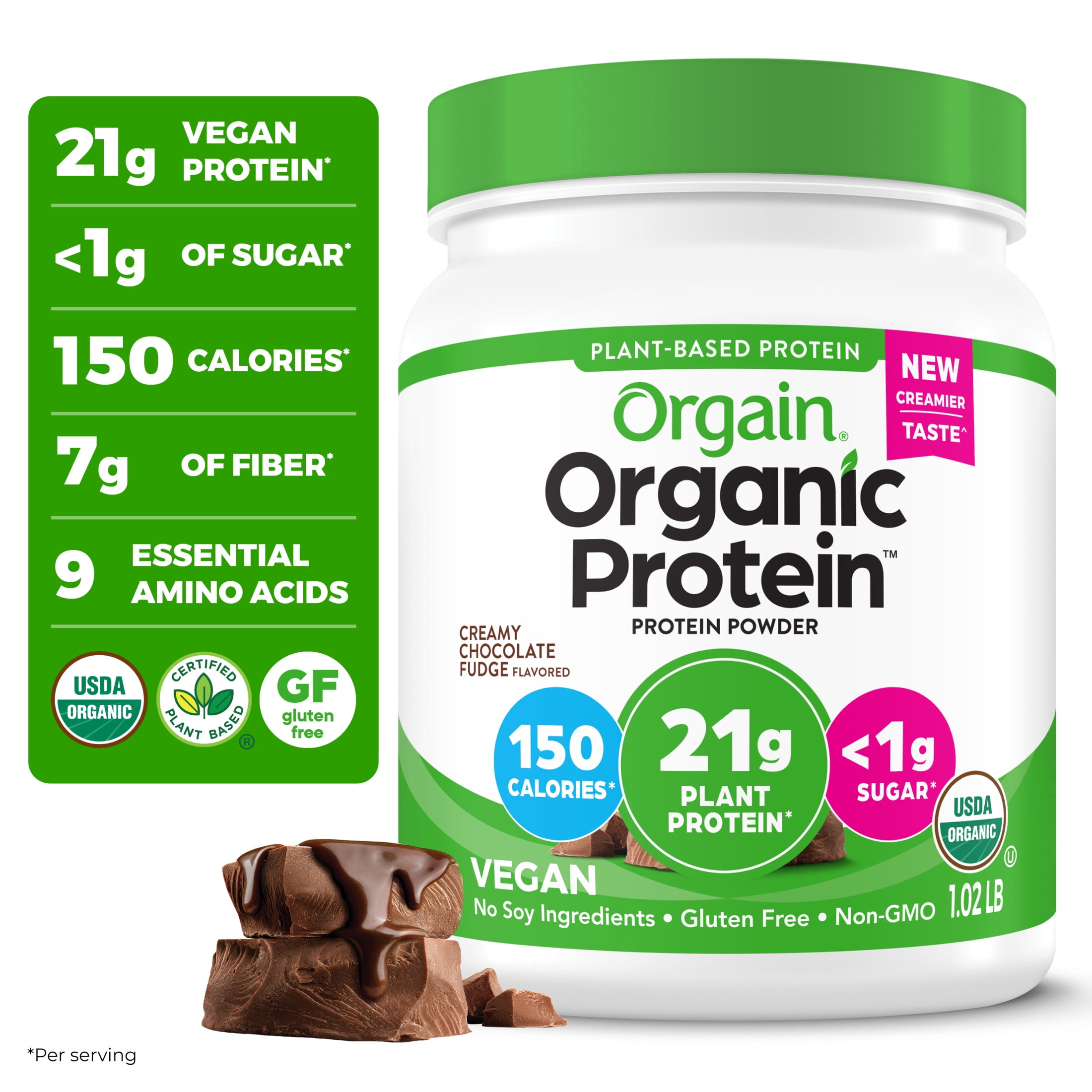 Orgain Organic Vegan 21g Protein Powder Plant Based Shake Creamy Chocolate Fudge 1.02lb