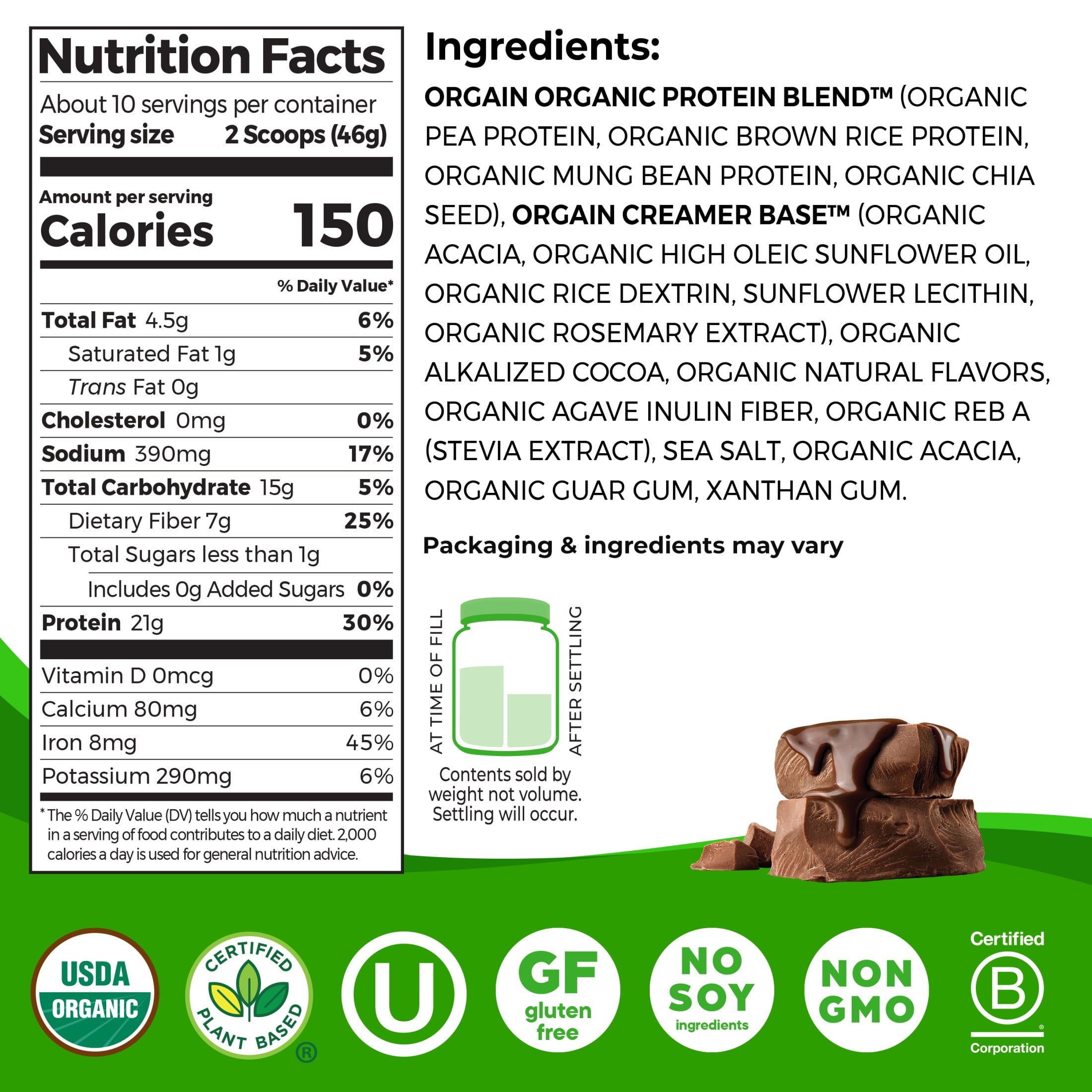 Orgain Organic Vegan 21g Protein Powder Plant Based Shake Creamy Chocolate Fudge 1.02lb