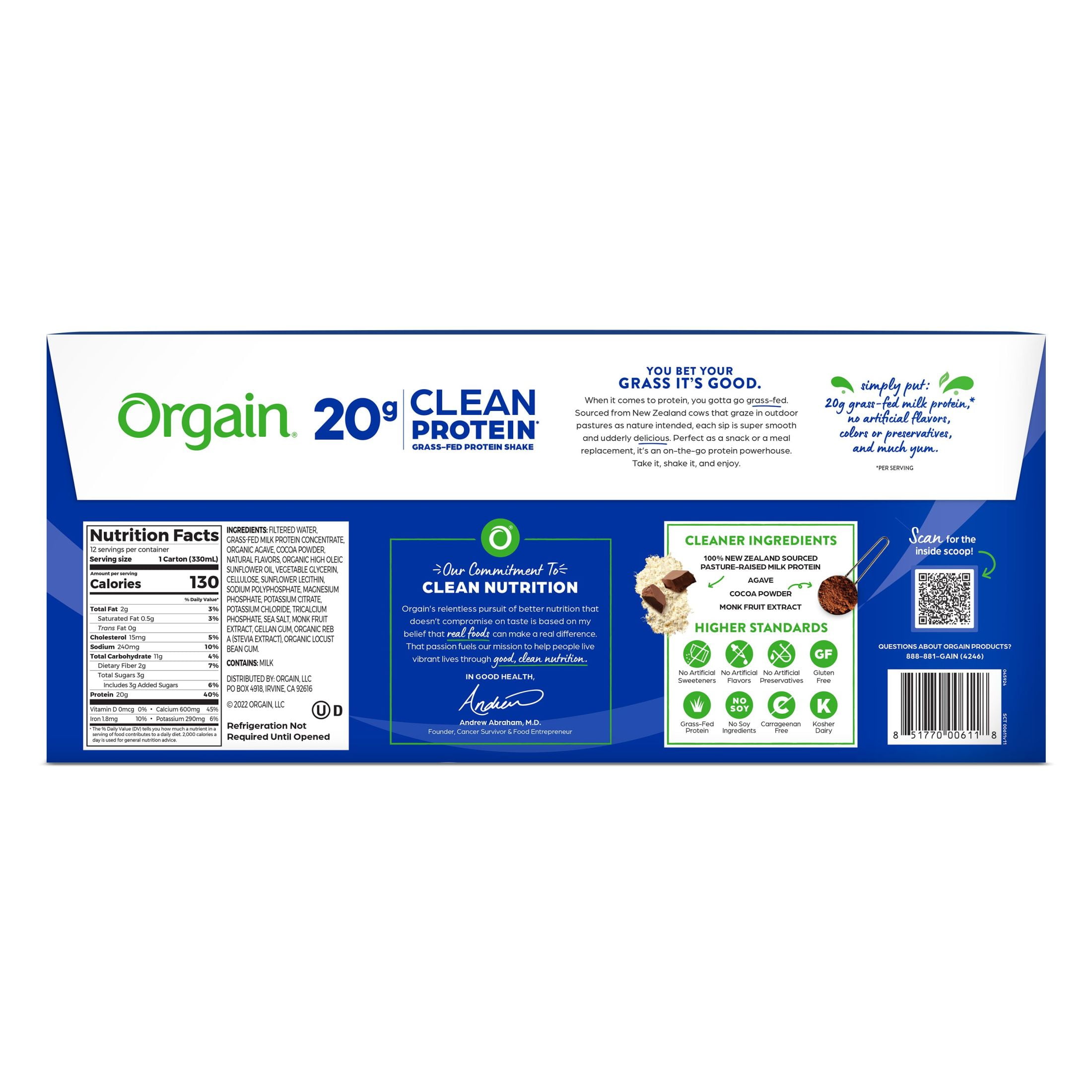 Orgain 20g Grass Fed Clean Protein Shake Creamy Chocolate Fudge 11oz 12ct