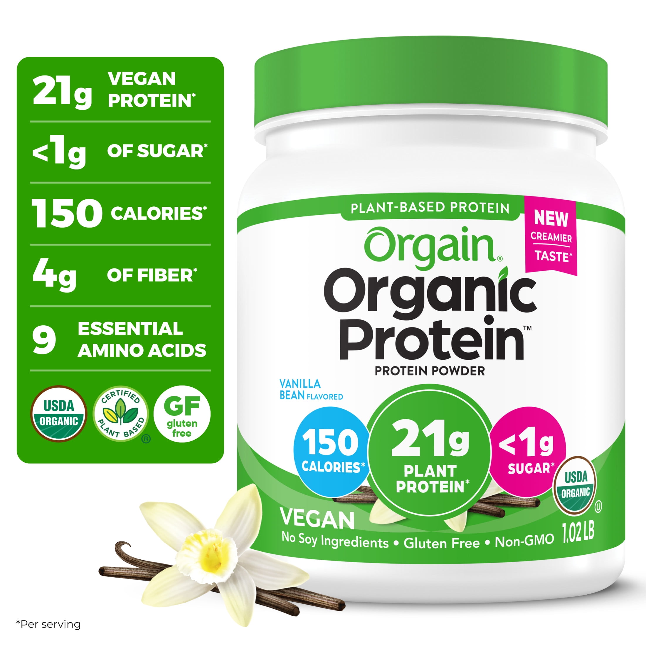 Orgain Organic Vegan Protein Powder Vanilla Bean 21g 1.02lb for Plant Based Shake Drink