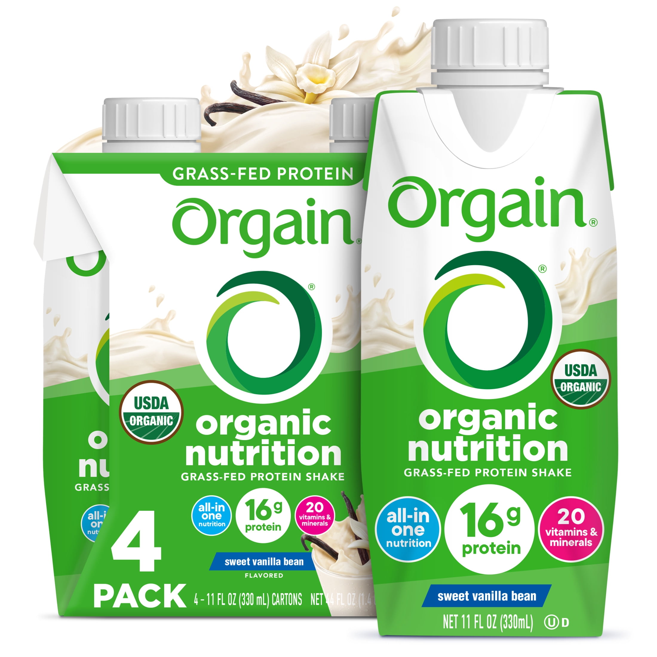 Orgain Grass-Fed Protein Shake Vanilla Bean 11oz 4ct