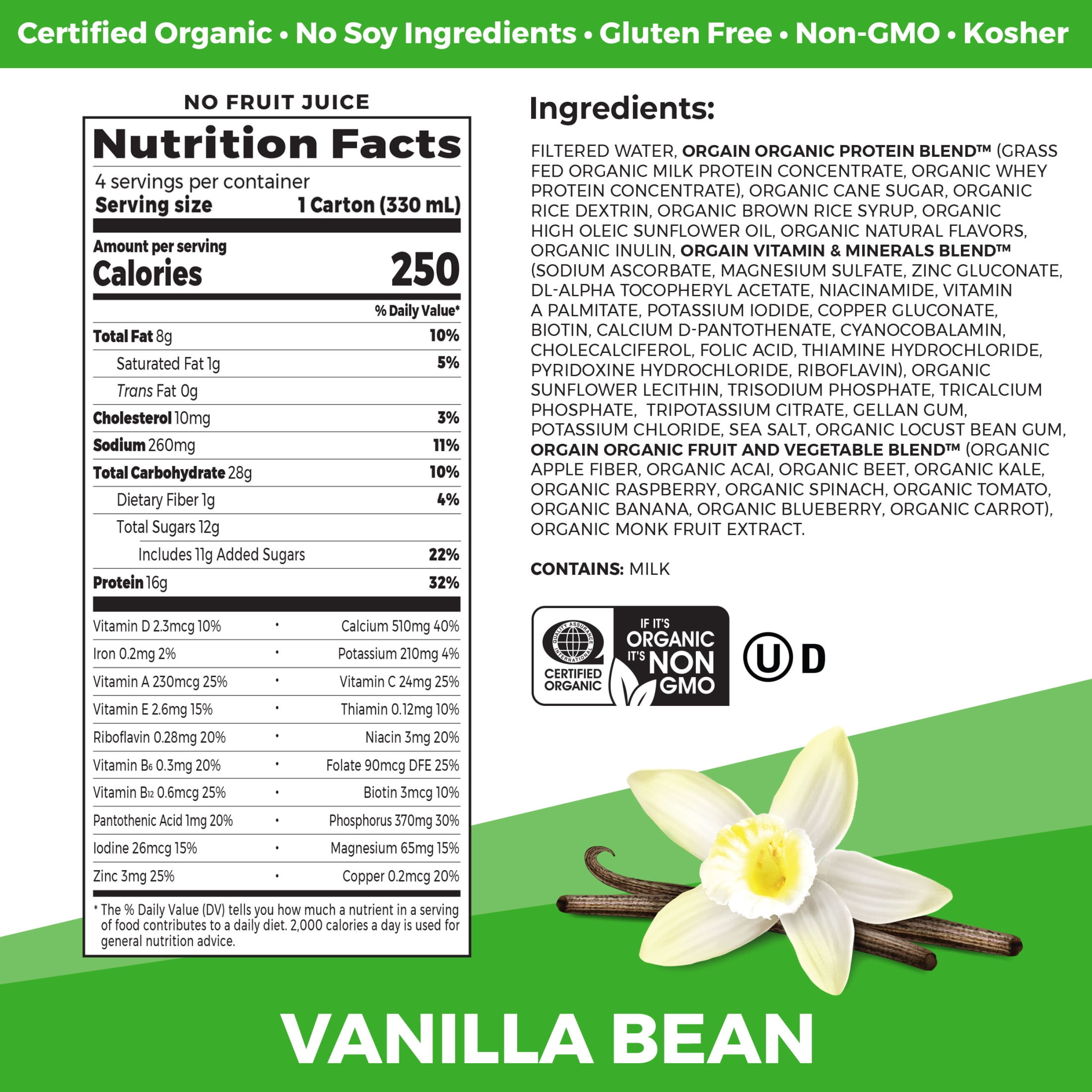 Orgain Grass-Fed Protein Shake Vanilla Bean 11oz 4ct