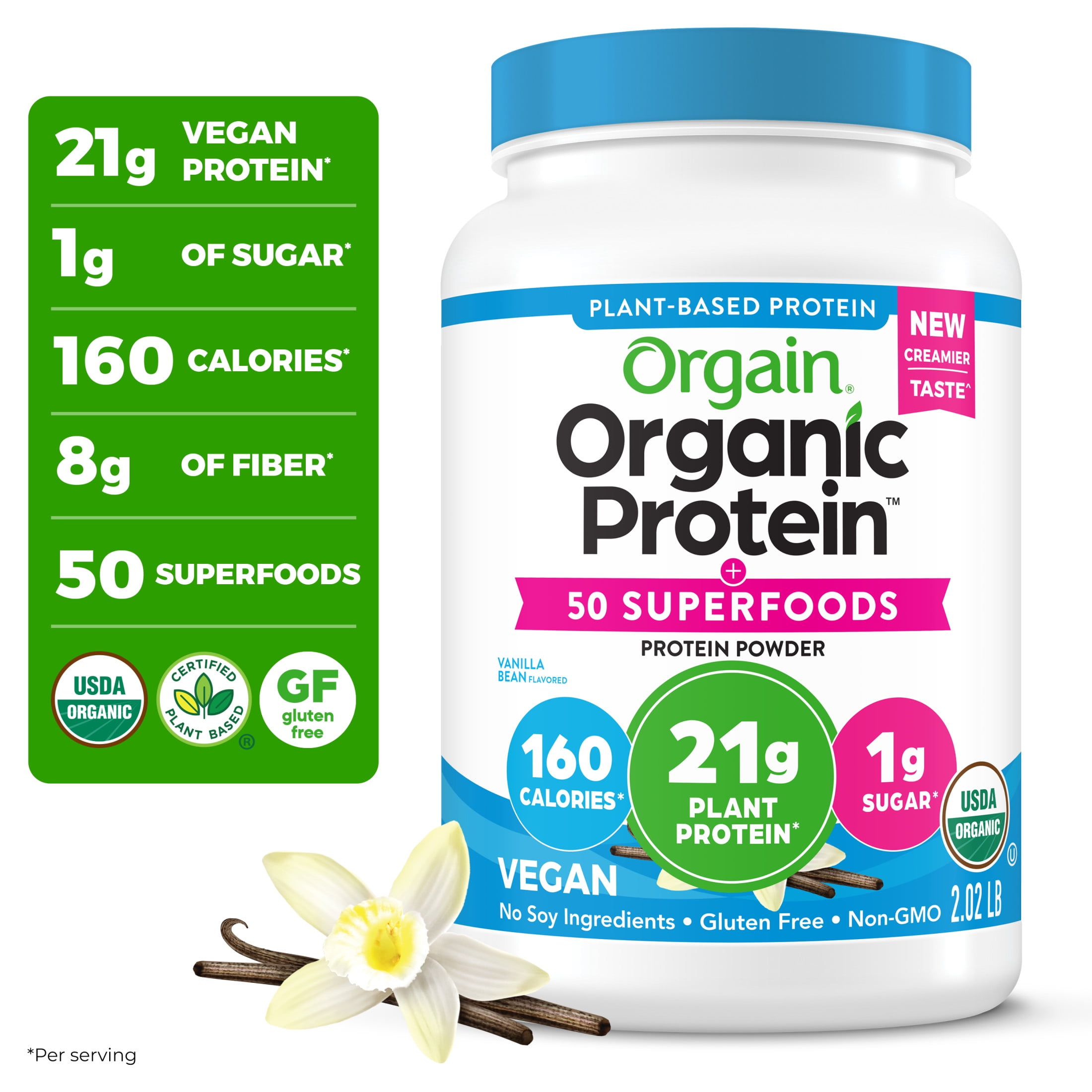 Orgain Organic Vegan 21g Protein 50 Superfoods Powder Plant Based Shake Vanilla Bean 2.02lb