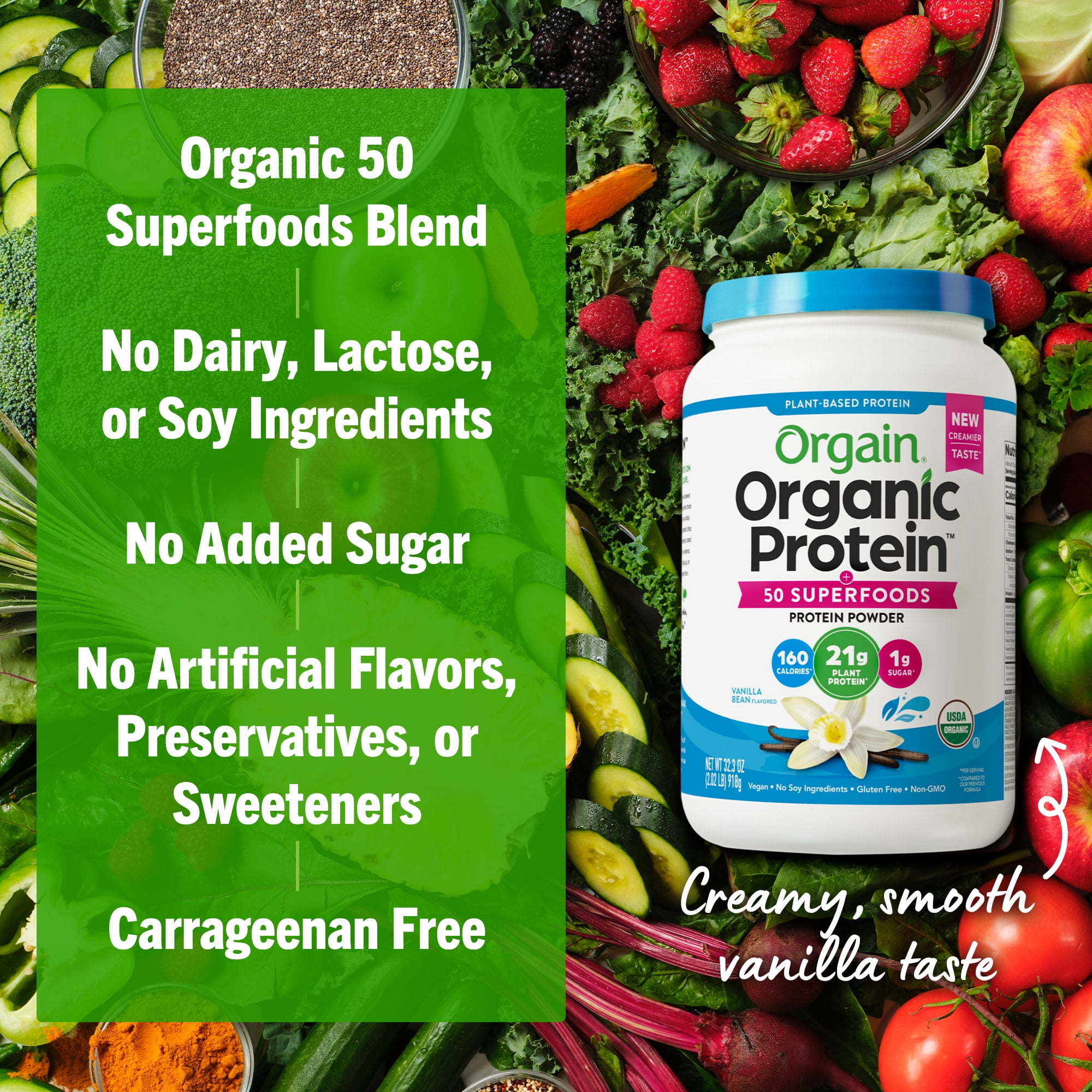 Orgain Organic Vegan 21g Protein 50 Superfoods Powder Plant Based Shake Vanilla Bean 2.02lb