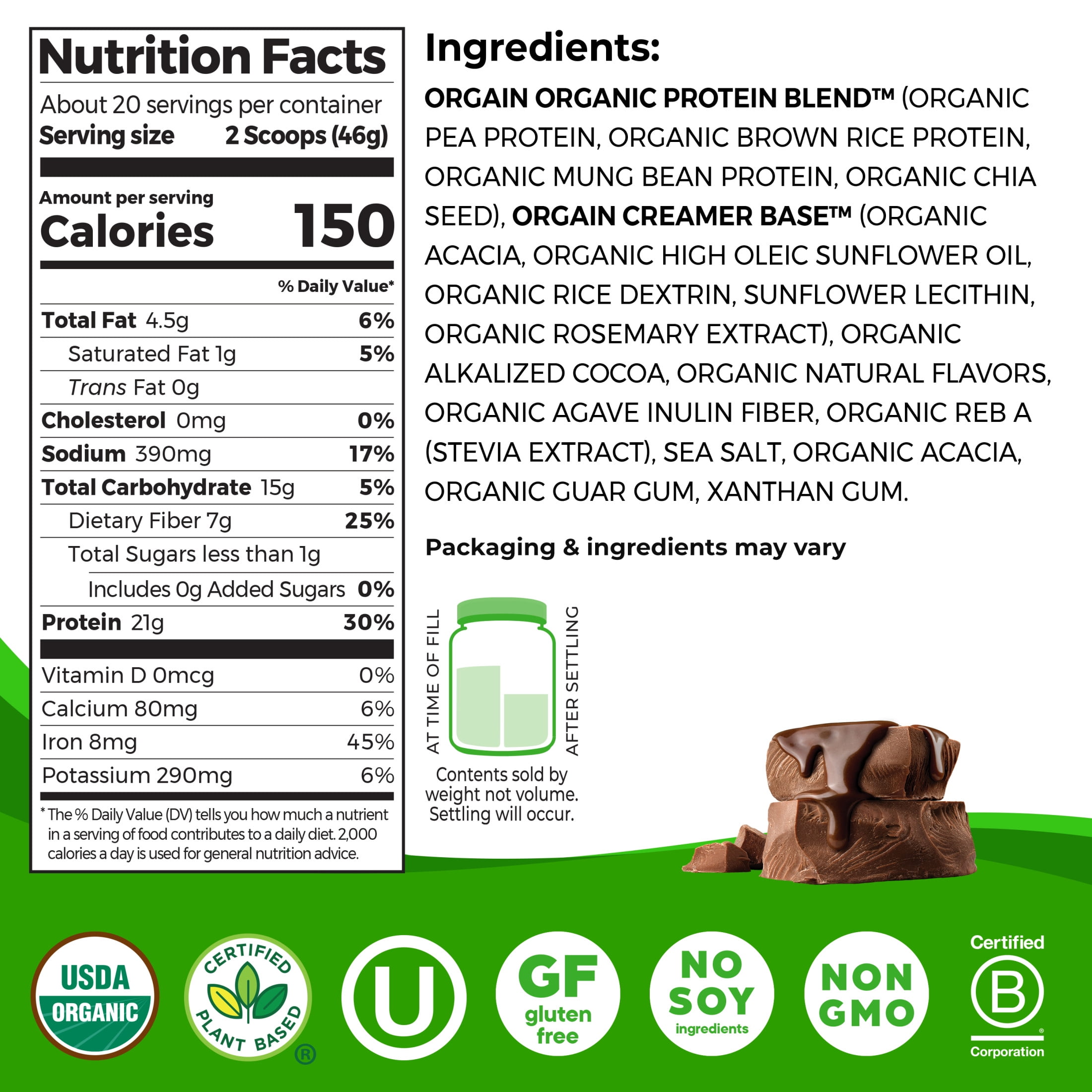 Orgain Organic Vegan 21g Protein Powder Plant Based Creamy Chocolate 2.03lb