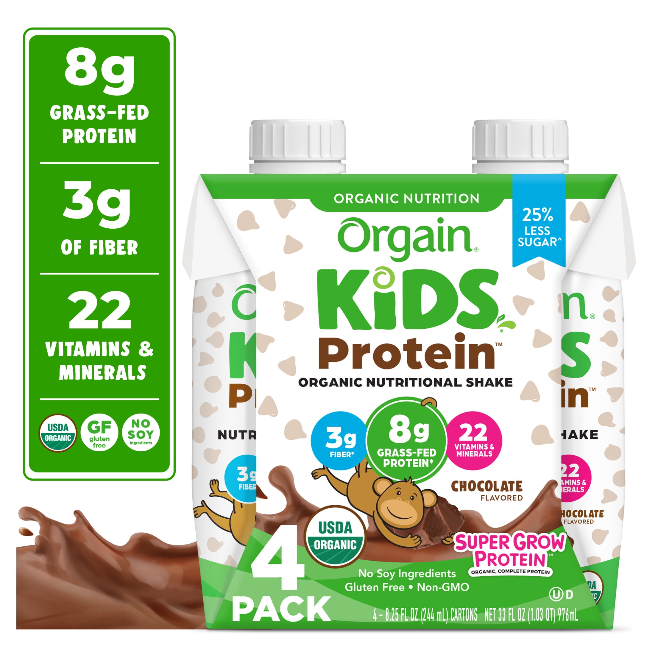 Orgain Organic Kids 8g Protein Nutritional Shake Chocolate 4ct Vitamins Minerals A B C D