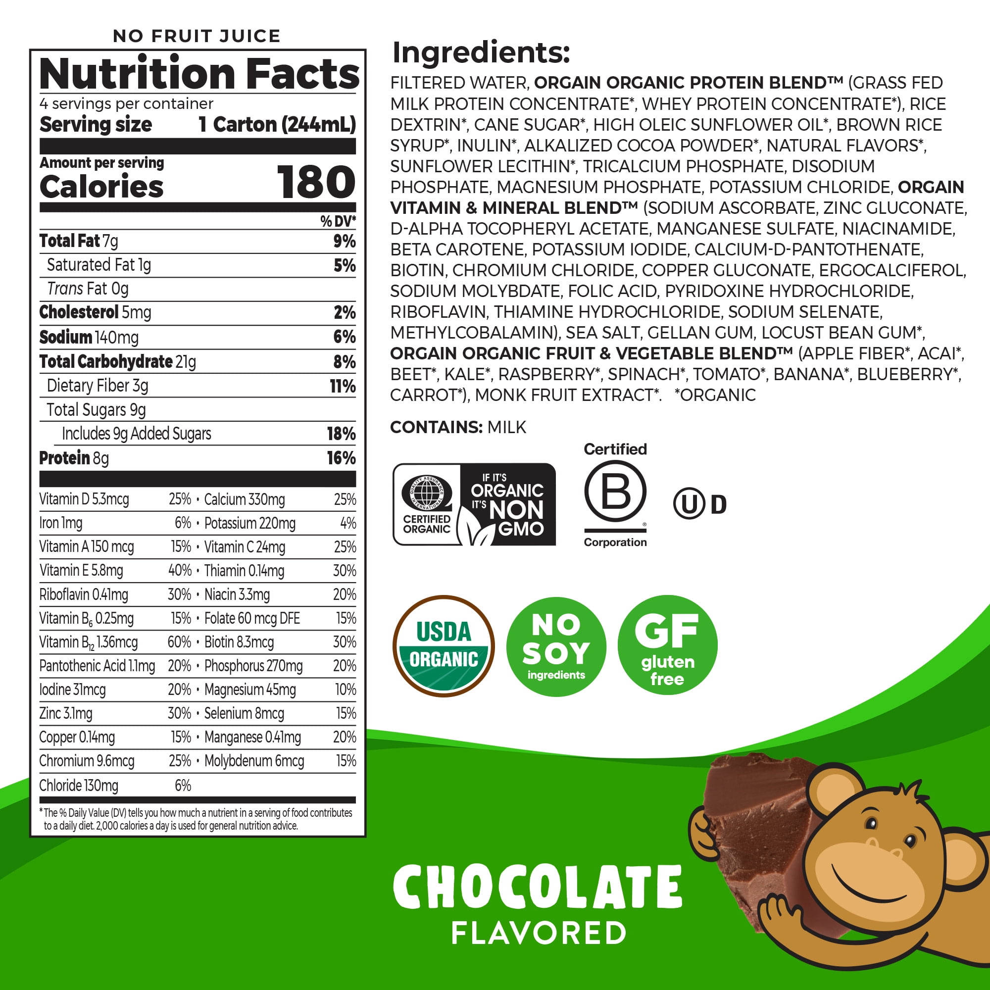 Orgain Organic Kids 8g Protein Nutritional Shake Chocolate 4ct Vitamins Minerals A B C D