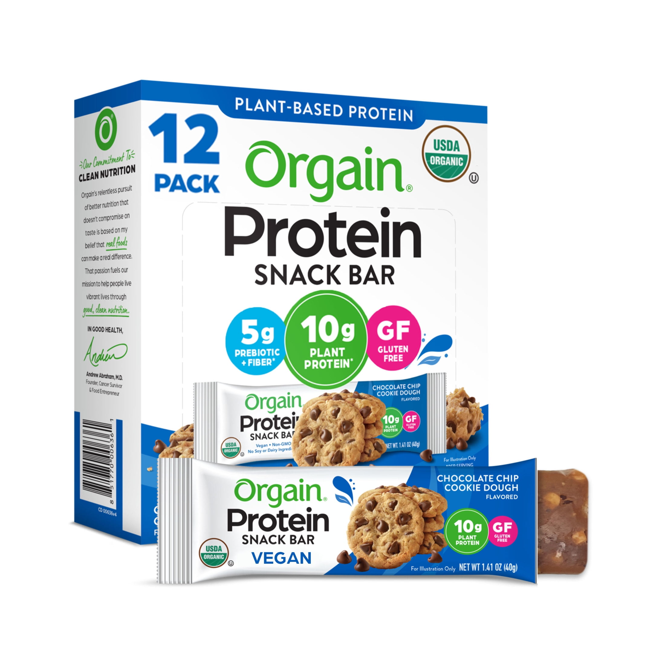 Orgain Chocolate Chip Cookie Dough Plant Based Protein Snack Bars 16.9oz 12ct