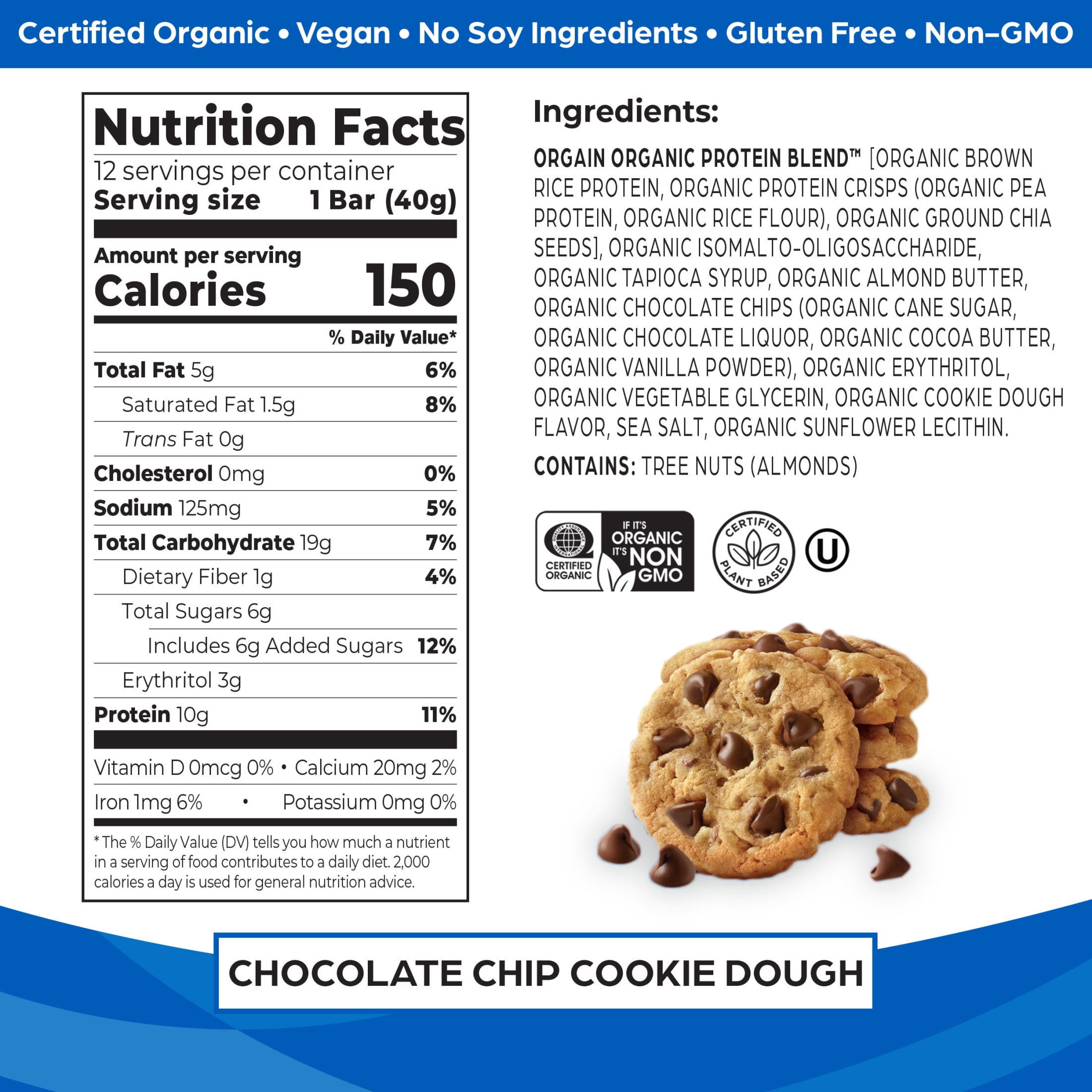 Orgain Chocolate Chip Cookie Dough Plant Based Protein Snack Bars 16.9oz 12ct