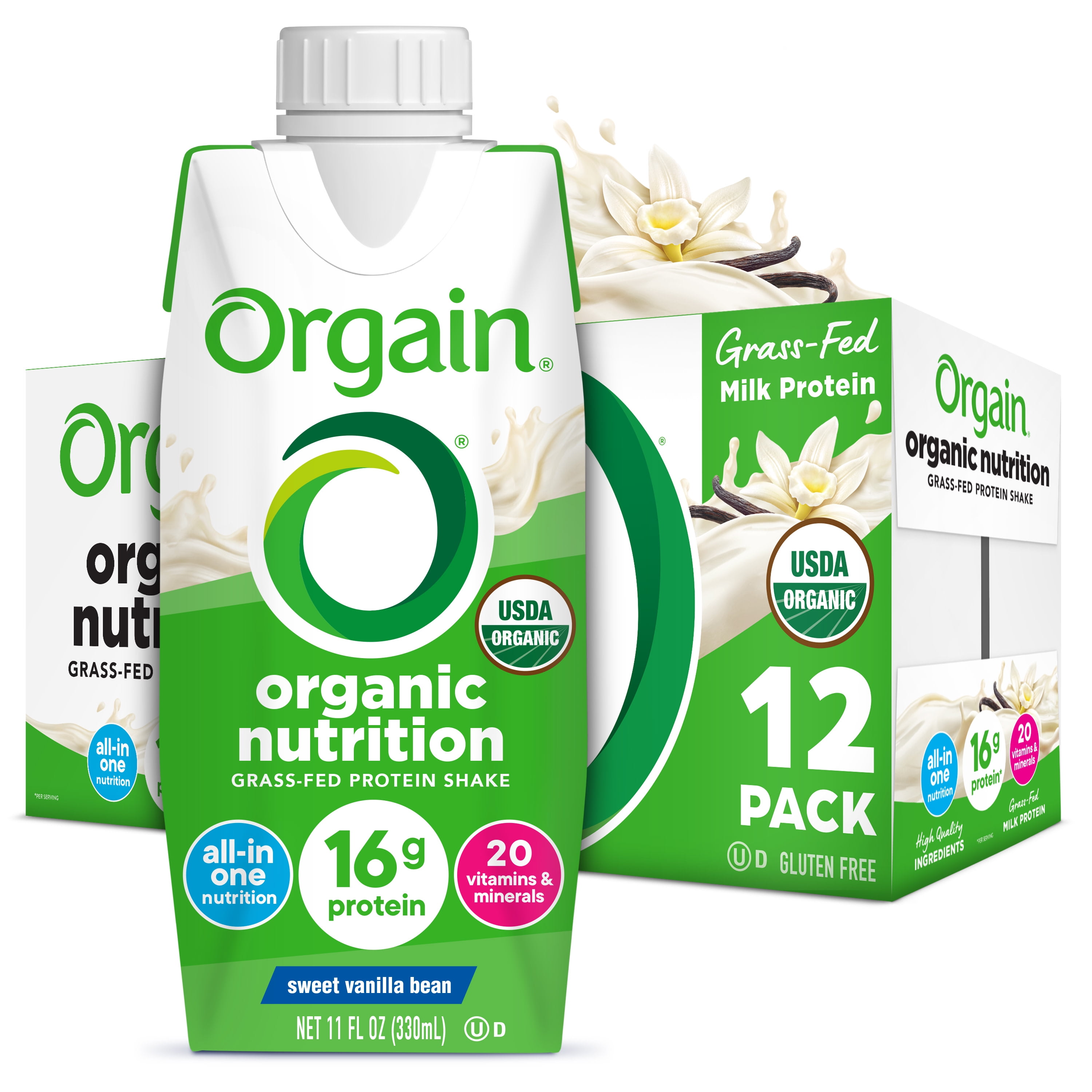 Orgain Organic Sweet Vanilla Bean Nutritional Shake 11 oz Carton 12 Ct