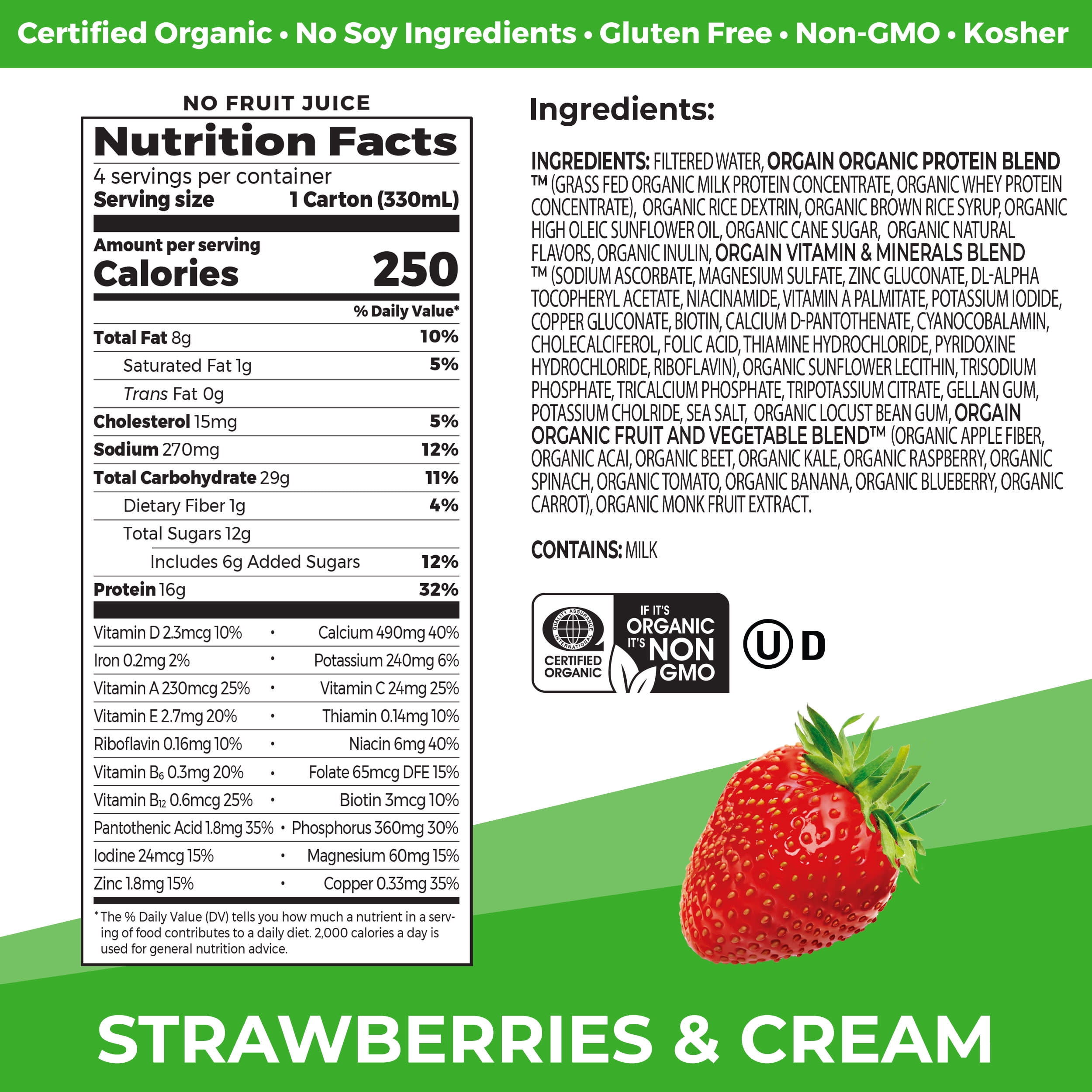 Orgain Organic Strawberries and Cream Protein Shake 11oz 4ct