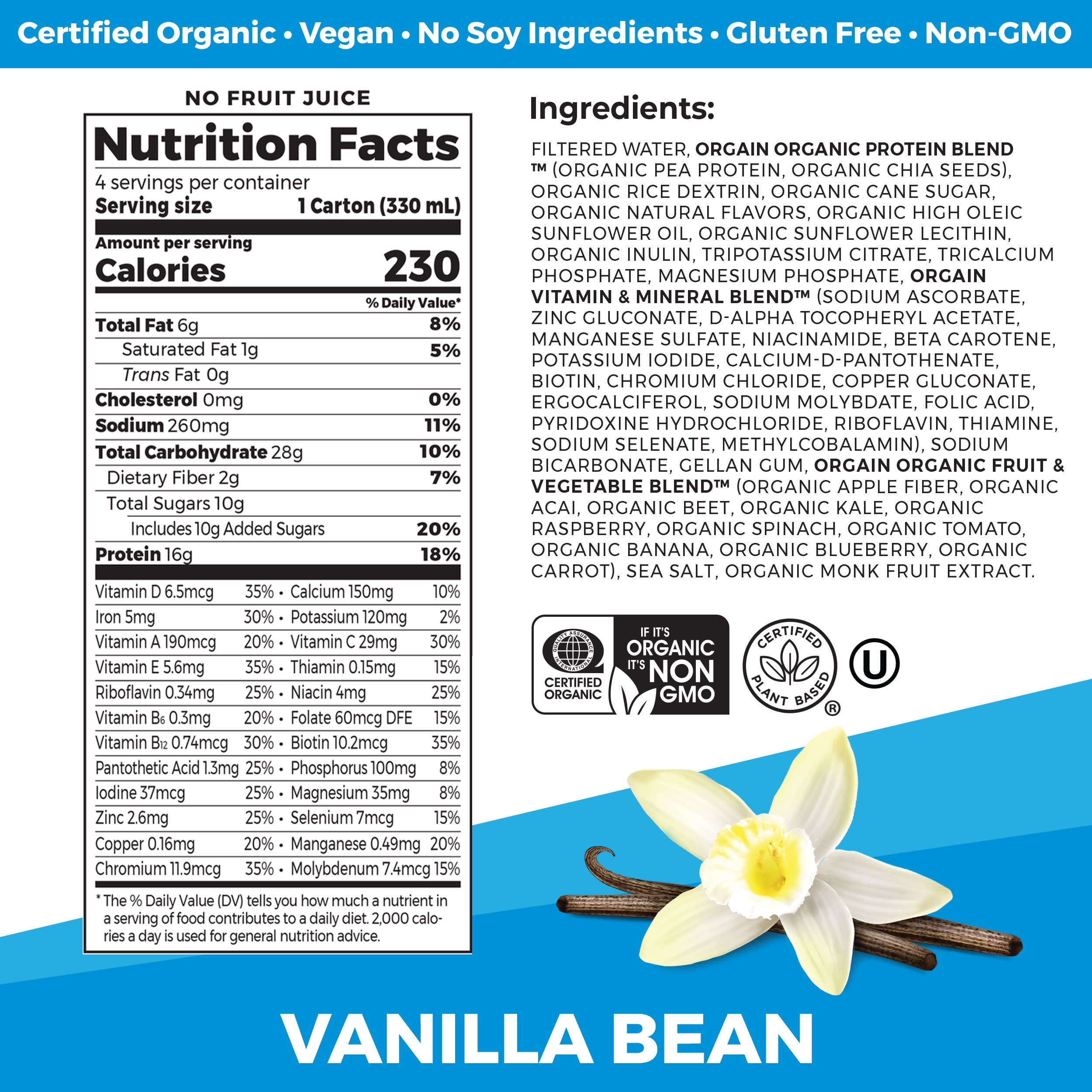 Orgain Organic Nutrition Vegan Protein Shake Vanilla Bean 11oz 4ct