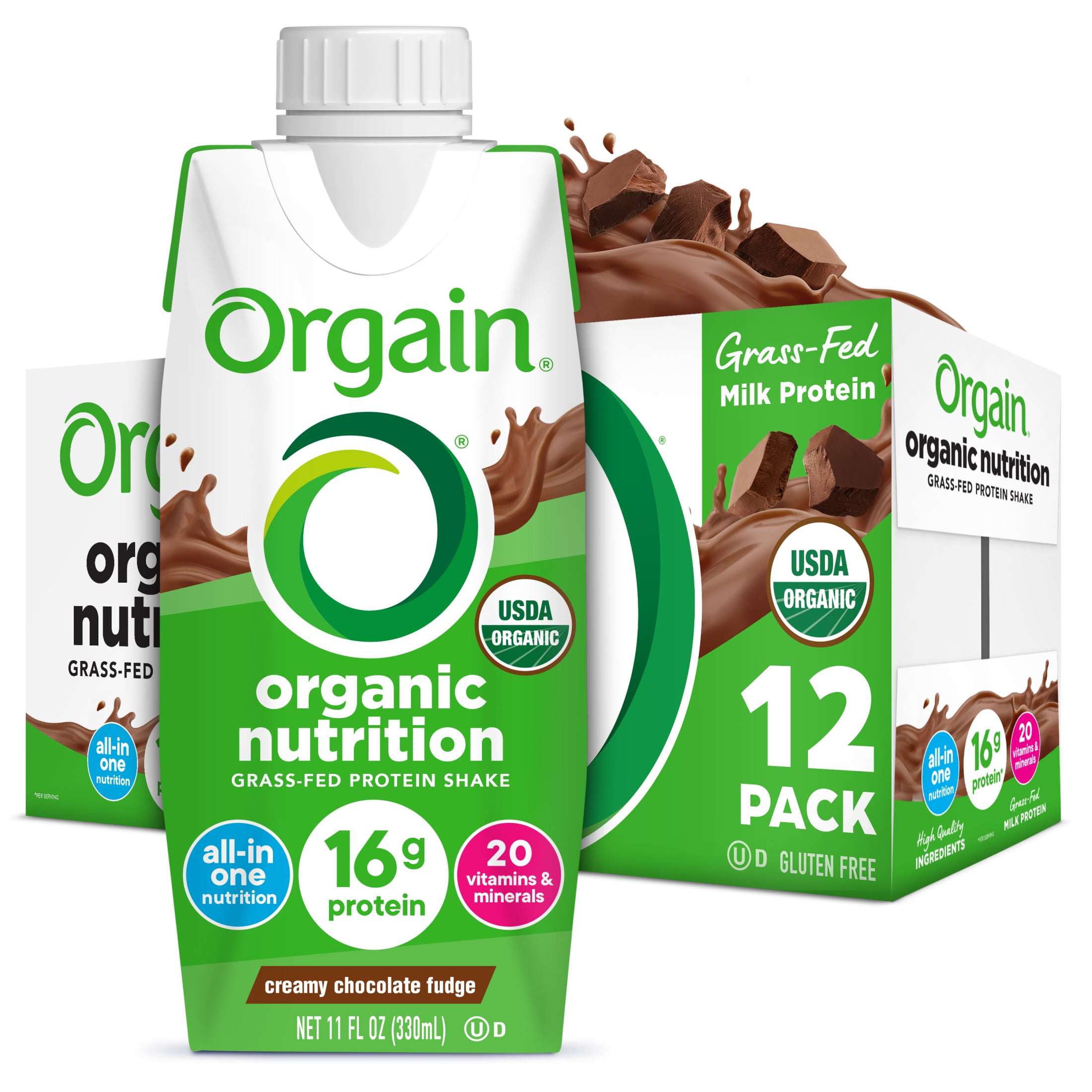 Orgain Organic Grass Fed Protein Nutrition Shake Creamy Chocolate Fudge 11oz 12 Count