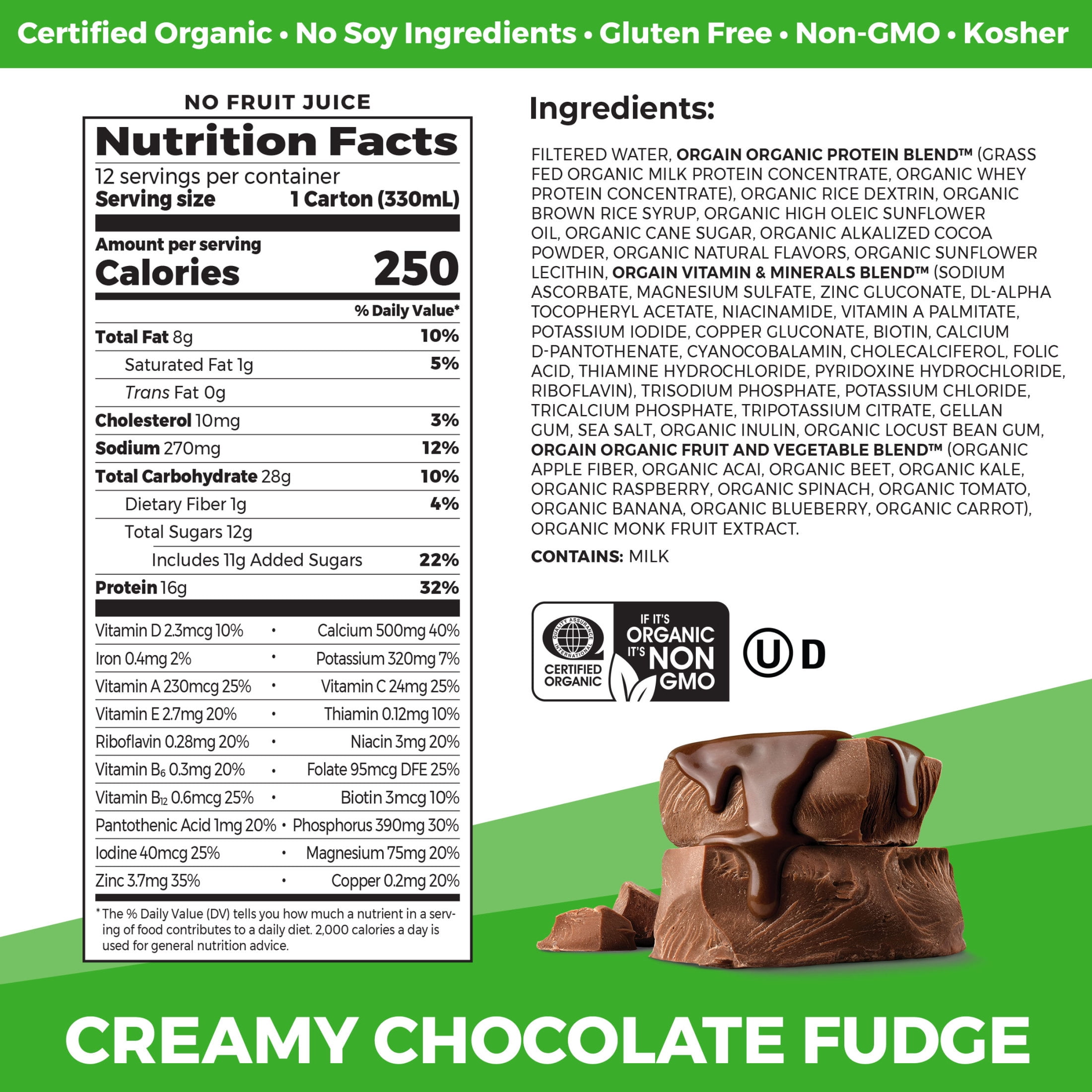 Orgain Organic Grass Fed Protein Nutrition Shake Creamy Chocolate Fudge 11oz 12 Count