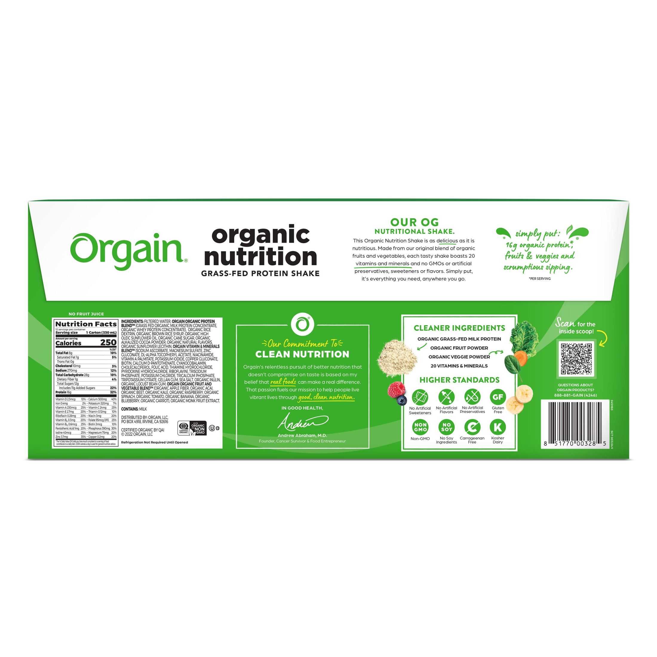 Orgain Organic Grass Fed Protein Nutrition Shake Creamy Chocolate Fudge 11oz 12 Count