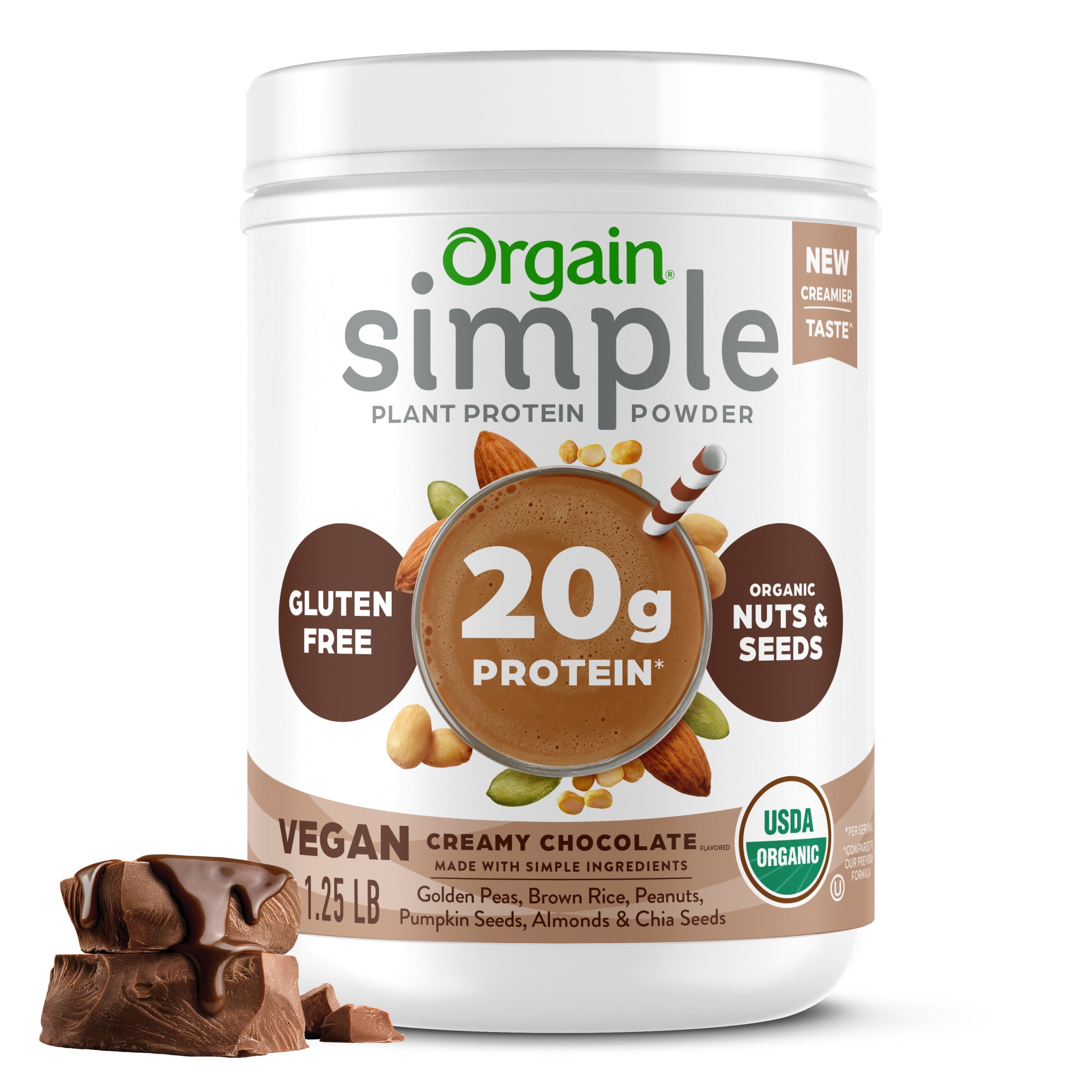 Orgain Simple Organic Vegan 20g Protein Powder Plant Based Non-GMO Chocolate 1.25lb