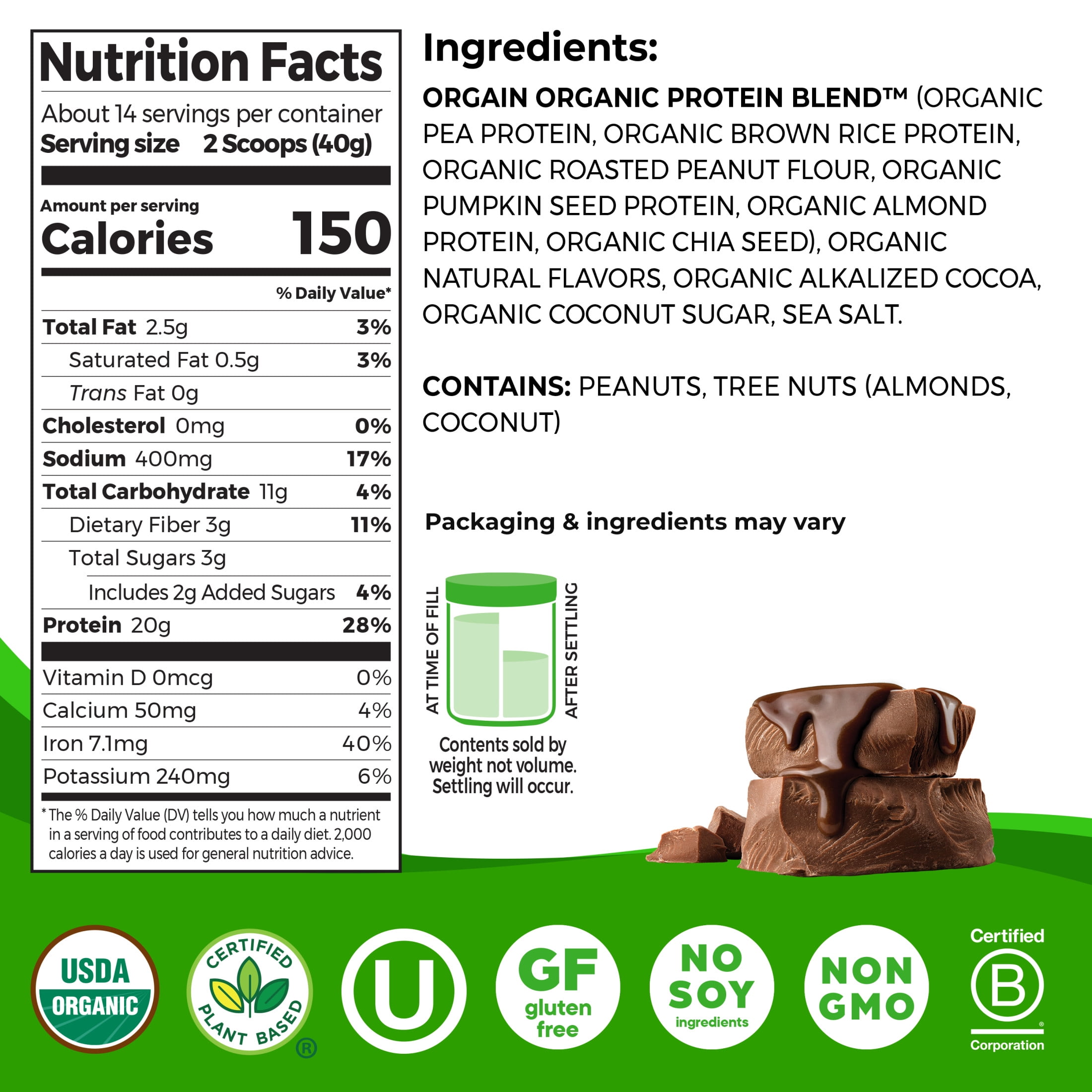 Orgain Simple Organic Vegan 20g Protein Powder Plant Based Non-GMO Chocolate 1.25lb