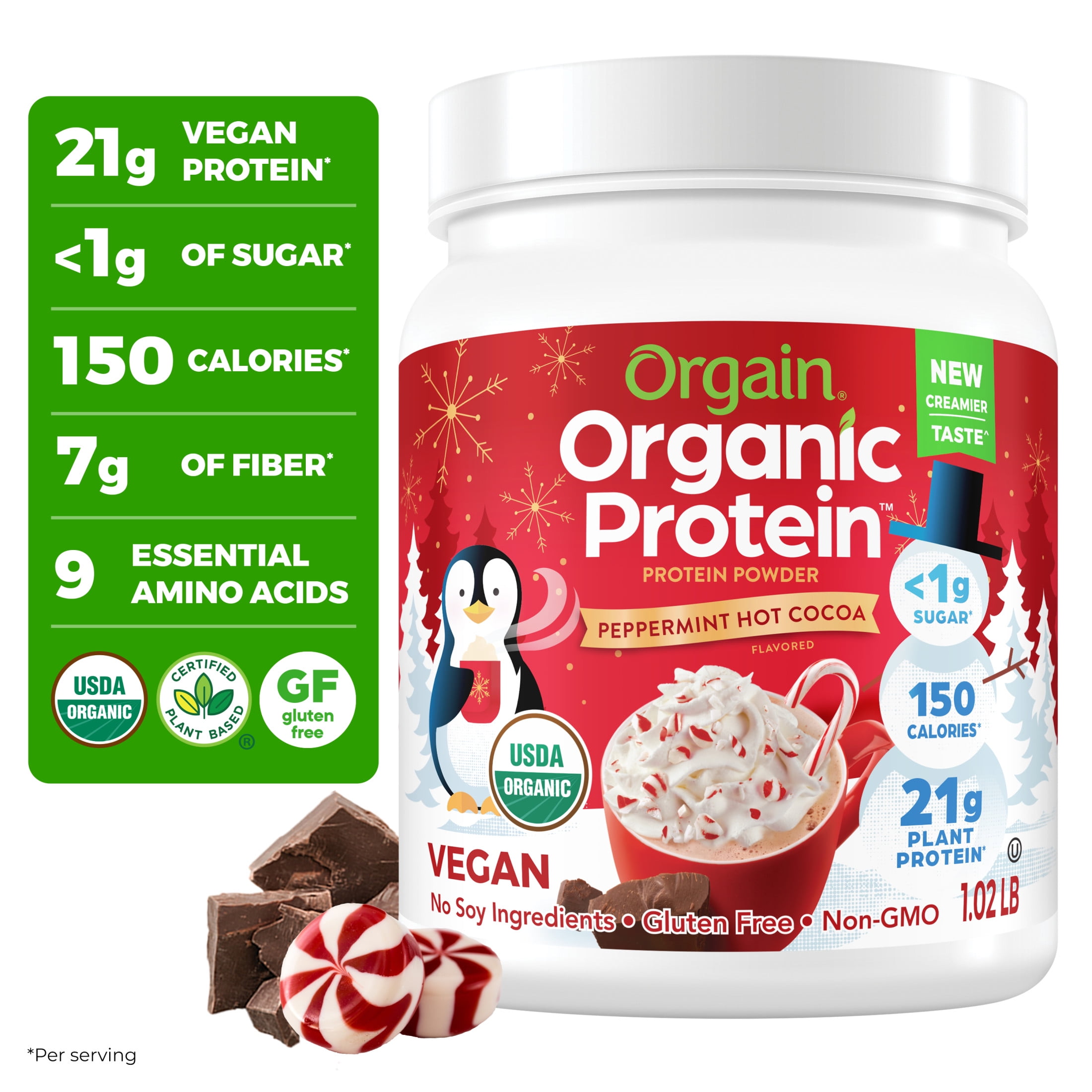 Orgain Organic Vegan 21g Protein Powder Plant Based Shake Drink Peppermint Hot Cocoa 1.02lb