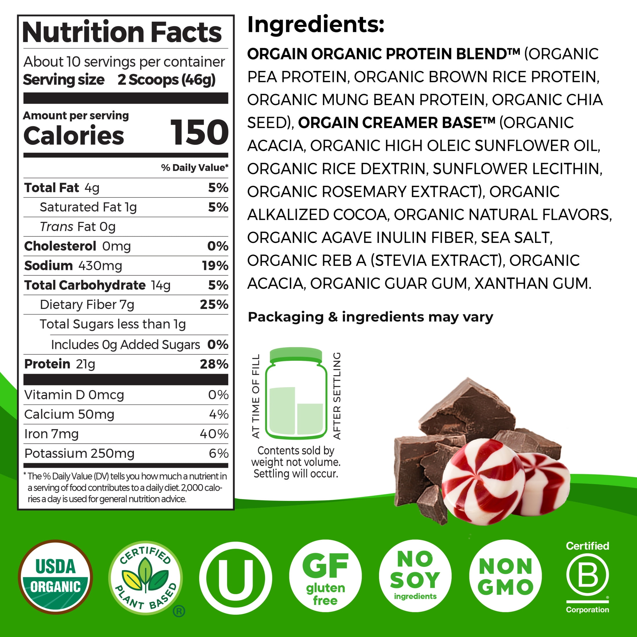 Orgain Organic Vegan 21g Protein Powder Plant Based Shake Drink Peppermint Hot Cocoa 1.02lb