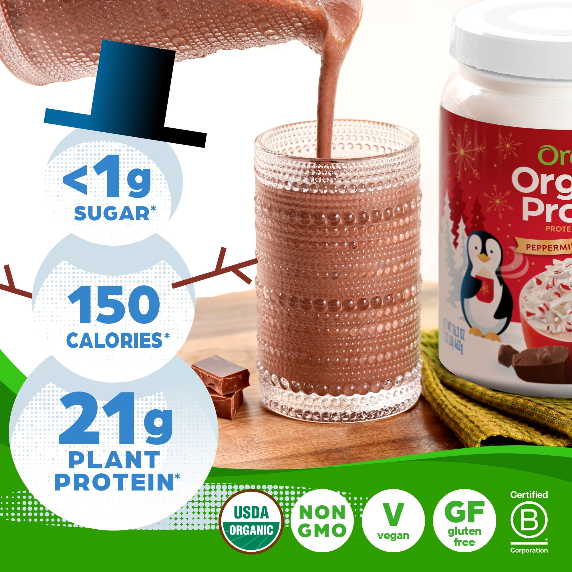 Orgain Organic Vegan 21g Protein Powder Plant Based Shake Drink Peppermint Hot Cocoa 1.02lb