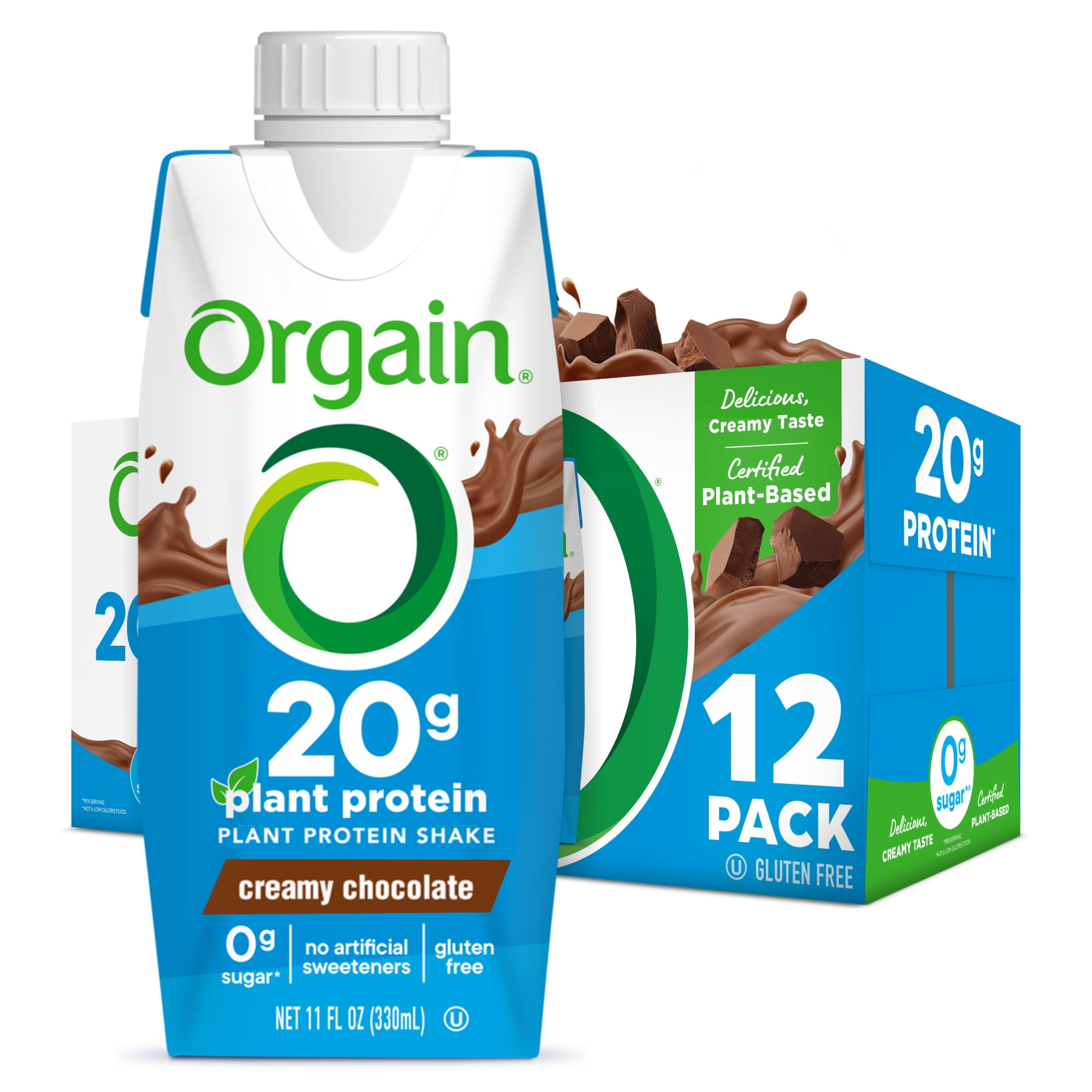 Orgain 20g Vegan Protein Shake Plant Based No Added Sugar Creamy Chocolate 11oz 12ct