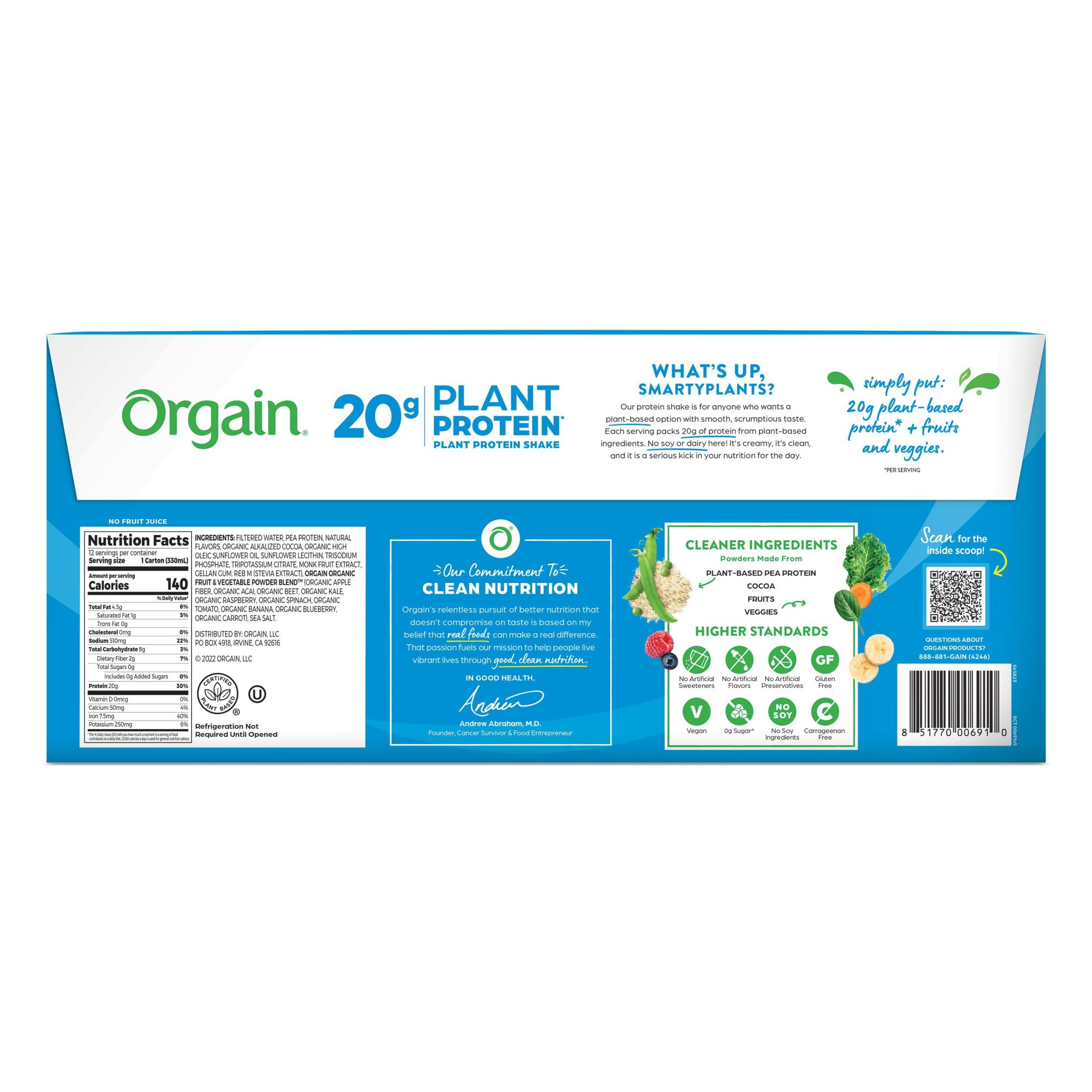 Orgain 20g Vegan Protein Shake Plant Based No Added Sugar Creamy Chocolate 11oz 12ct